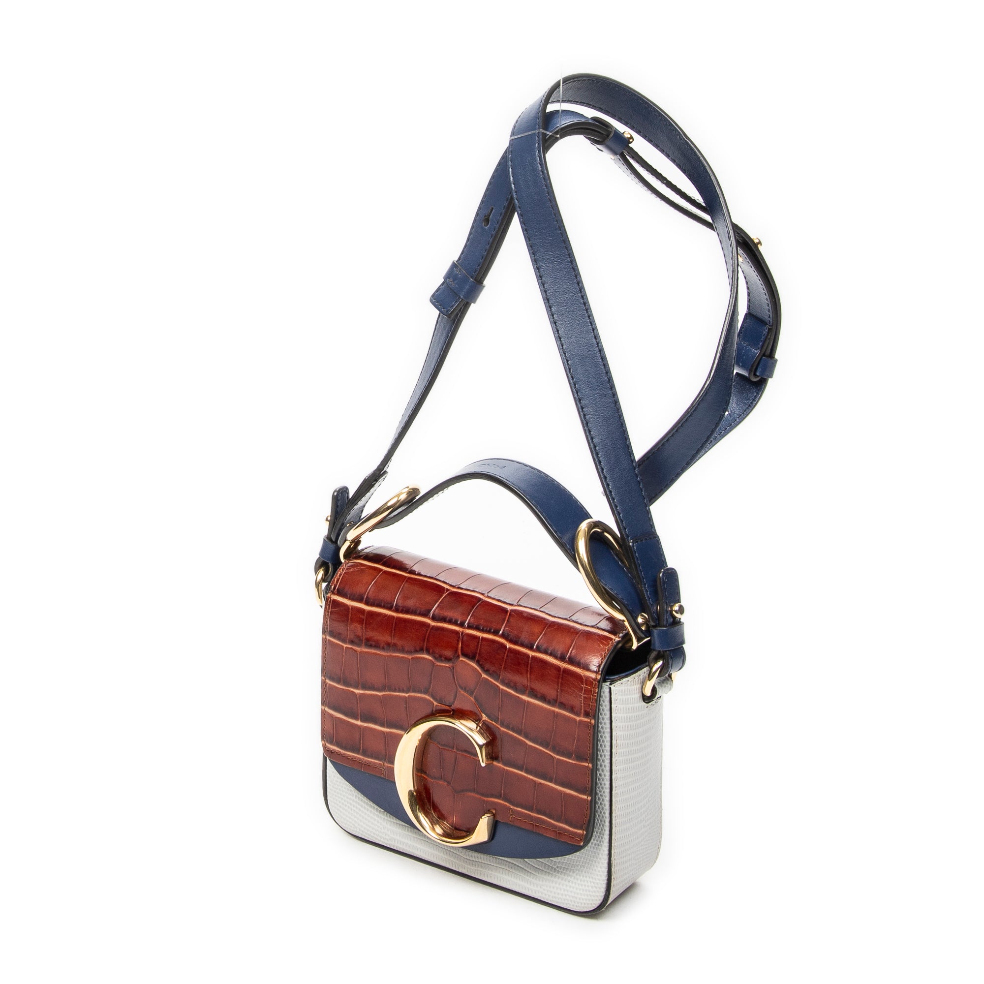 Shoulder Bag Mini C Crossbody Navy Croc Embossed Leather