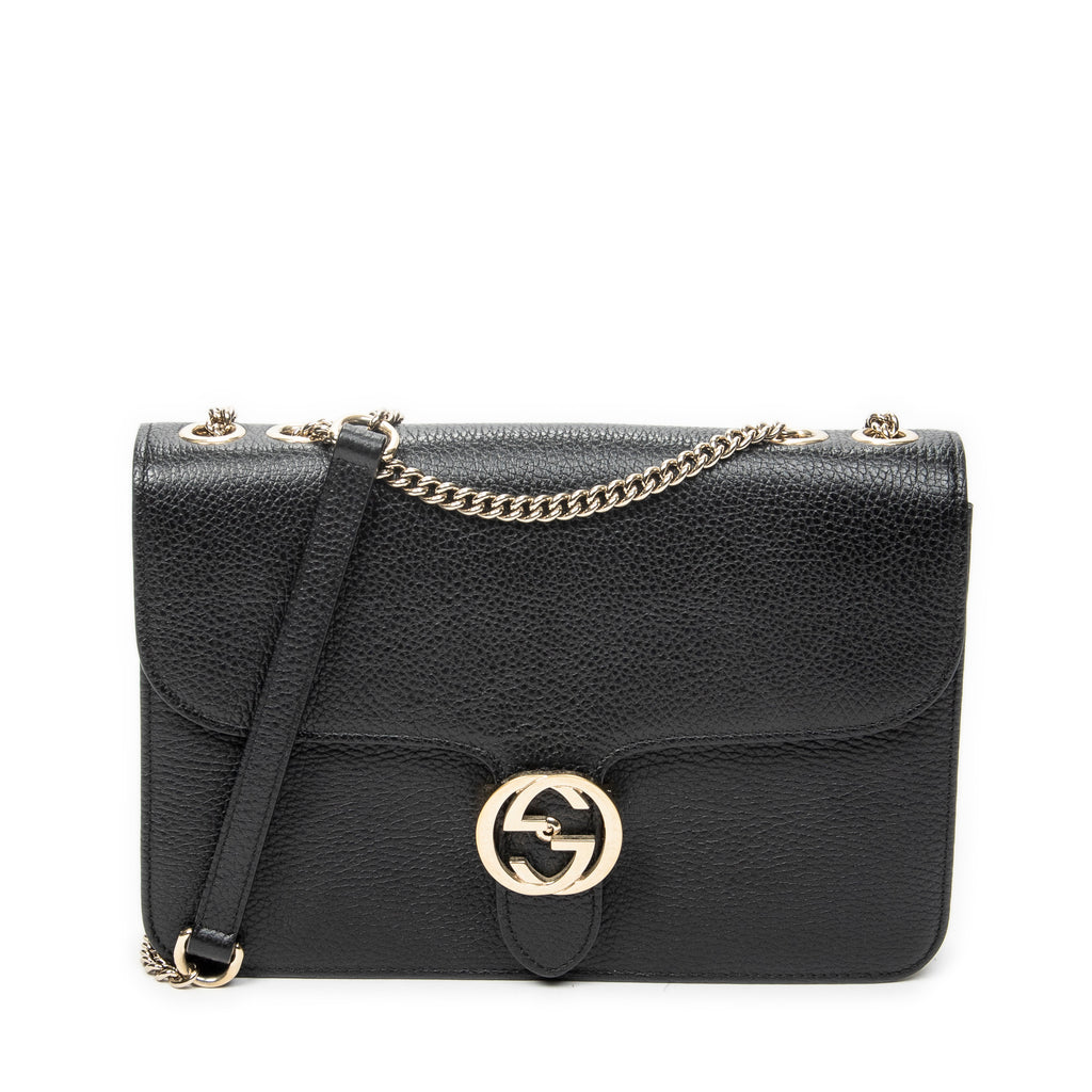 Shoulder Bag Medium Interlocking GG Chain Crossbody Black Grained Calfskin Leather