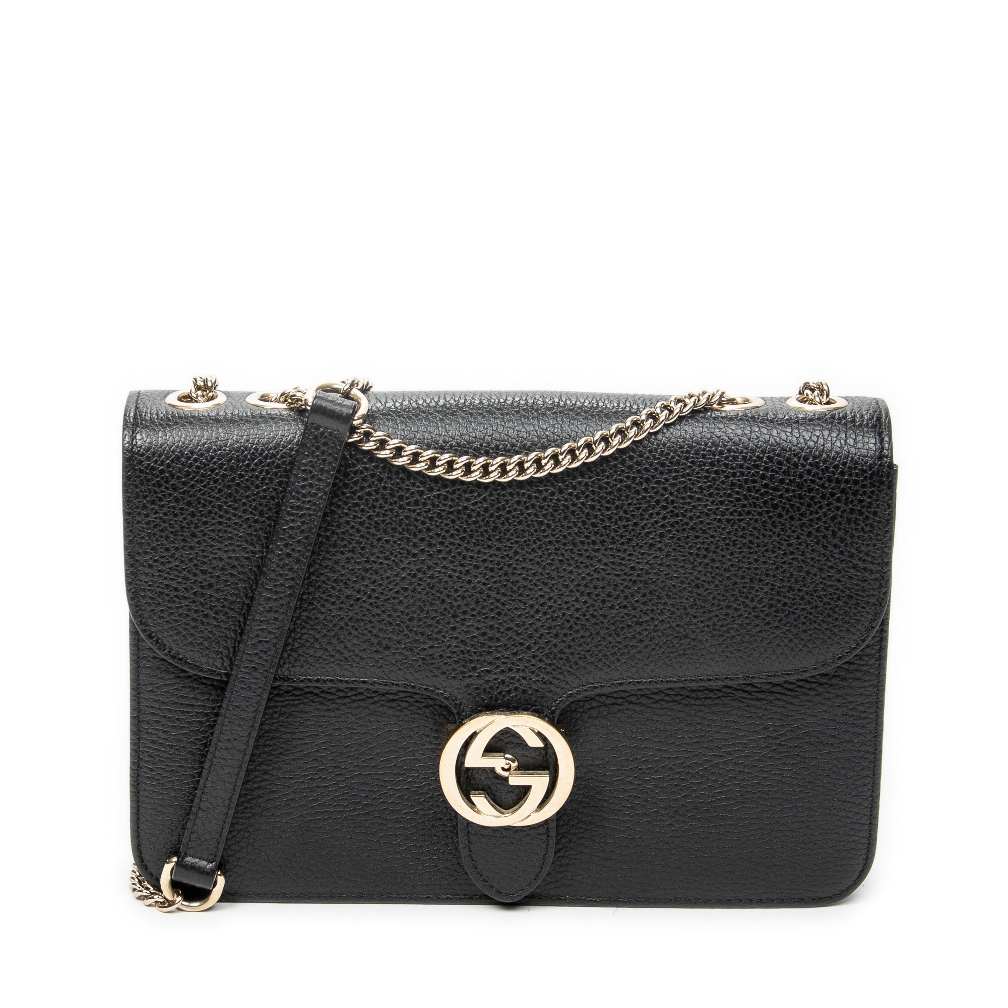 Shoulder Bag Medium Interlocking GG Chain Crossbody Black Grained Calfskin Leather