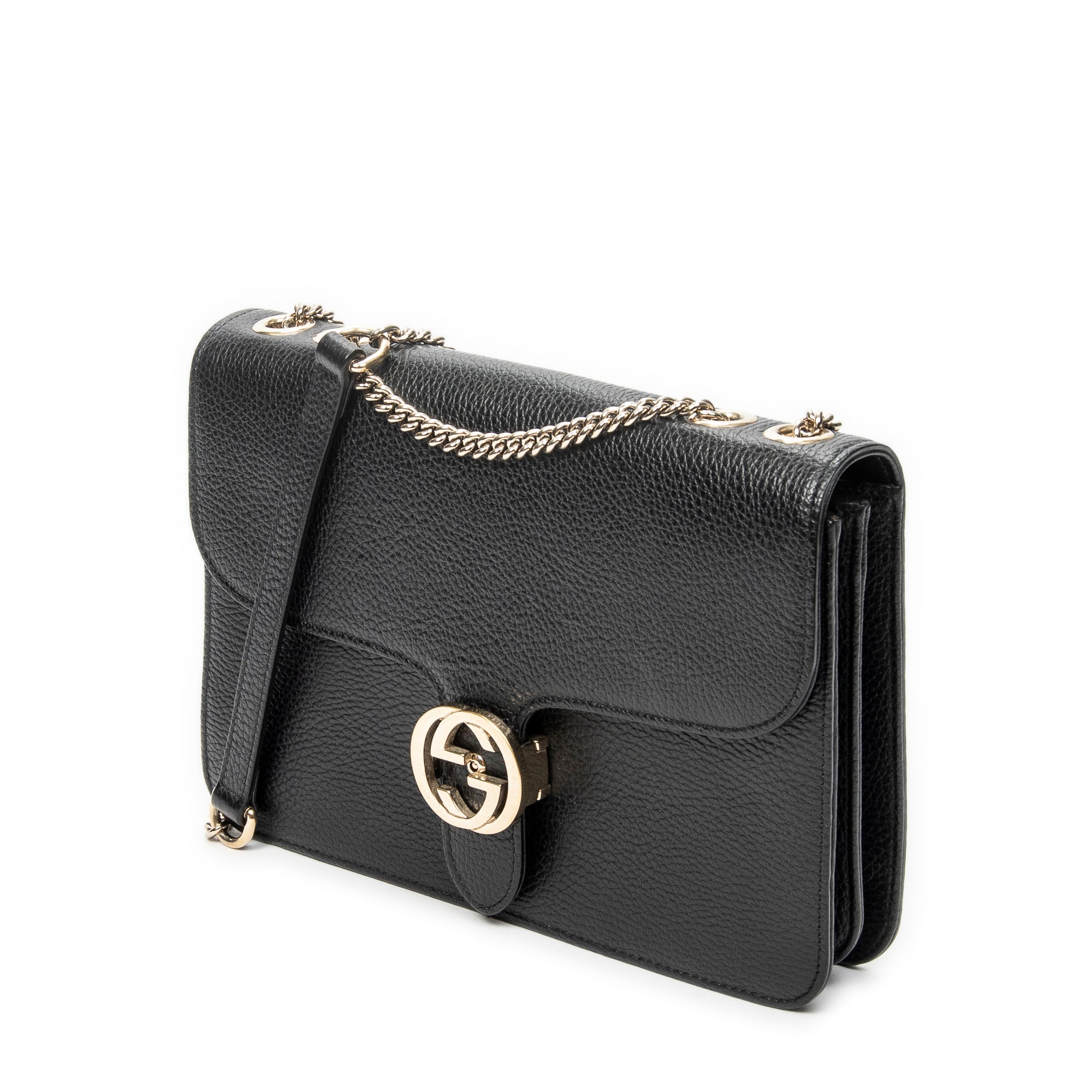 Shoulder Bag Medium Interlocking GG Chain Crossbody Black Grained Calfskin Leather