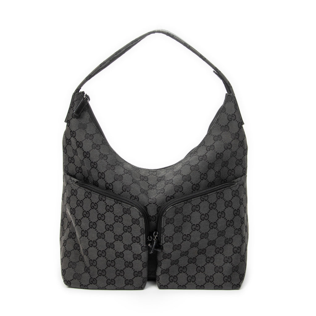 Shoulder Bag Double Pocket Hobo Black Monogrammed Canvas