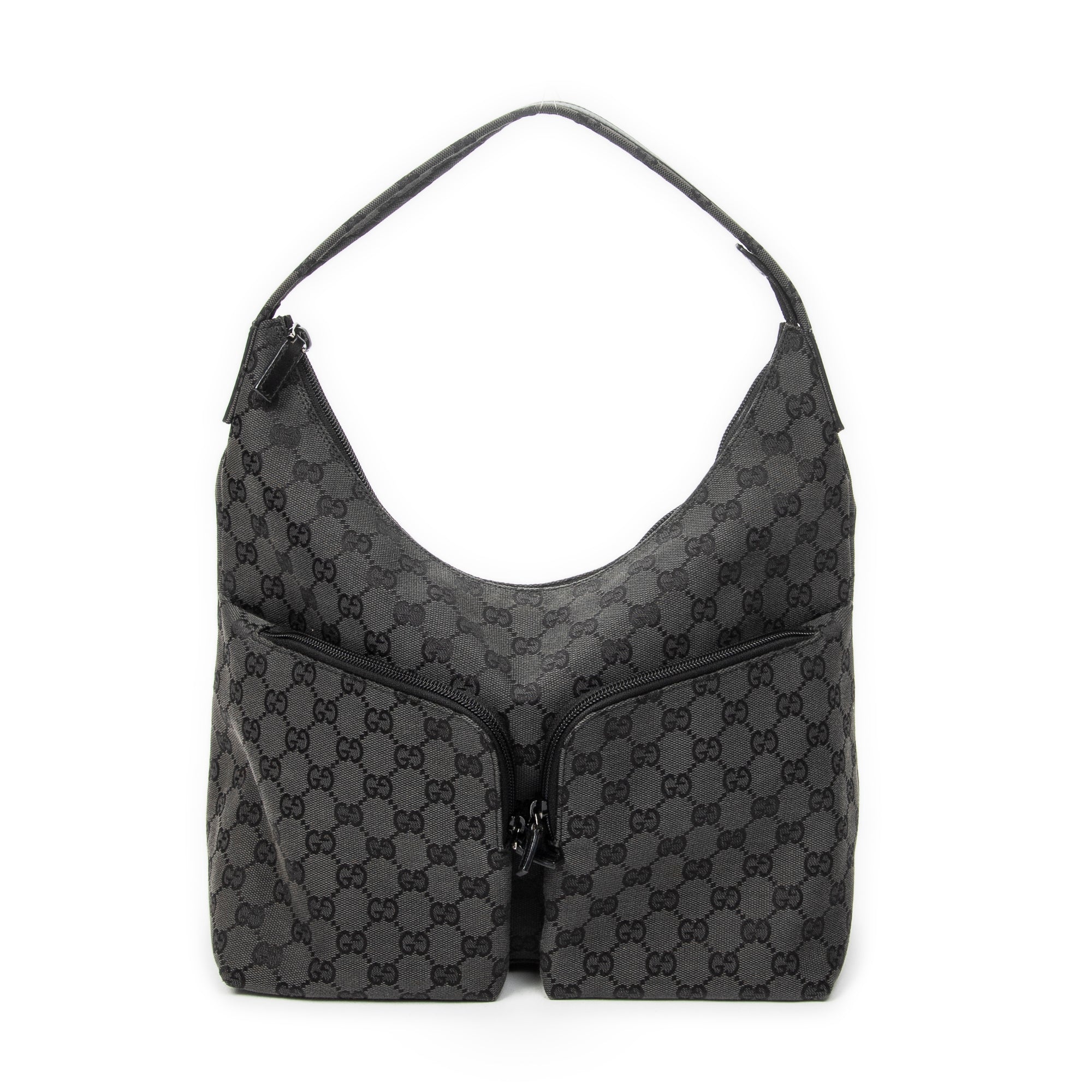 Shoulder Bag Double Pocket Hobo Black Monogrammed Canvas