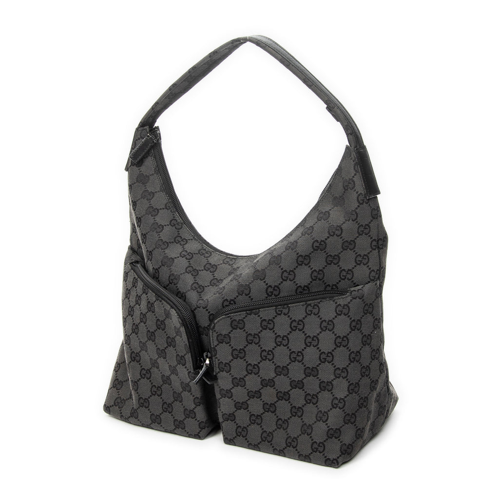 Shoulder Bag Double Pocket Hobo Black Monogrammed Canvas