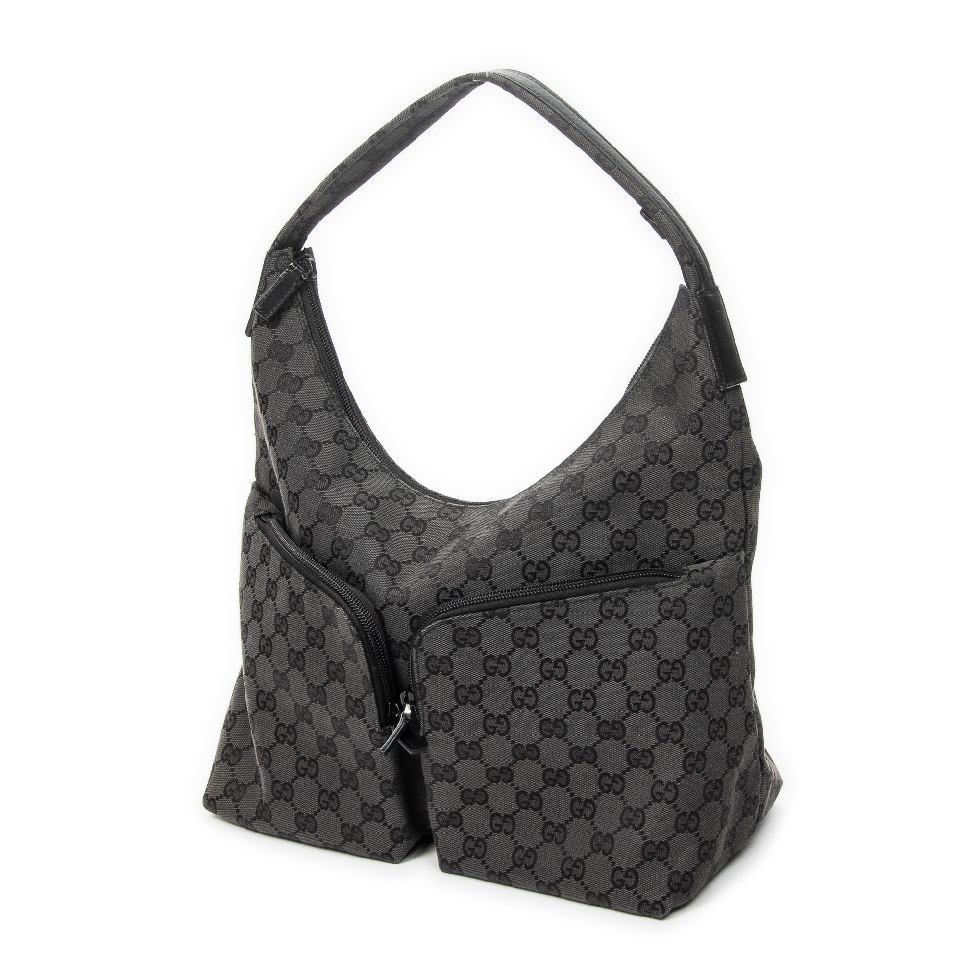 Shoulder Bag Double Pocket Hobo Black Monogrammed Canvas