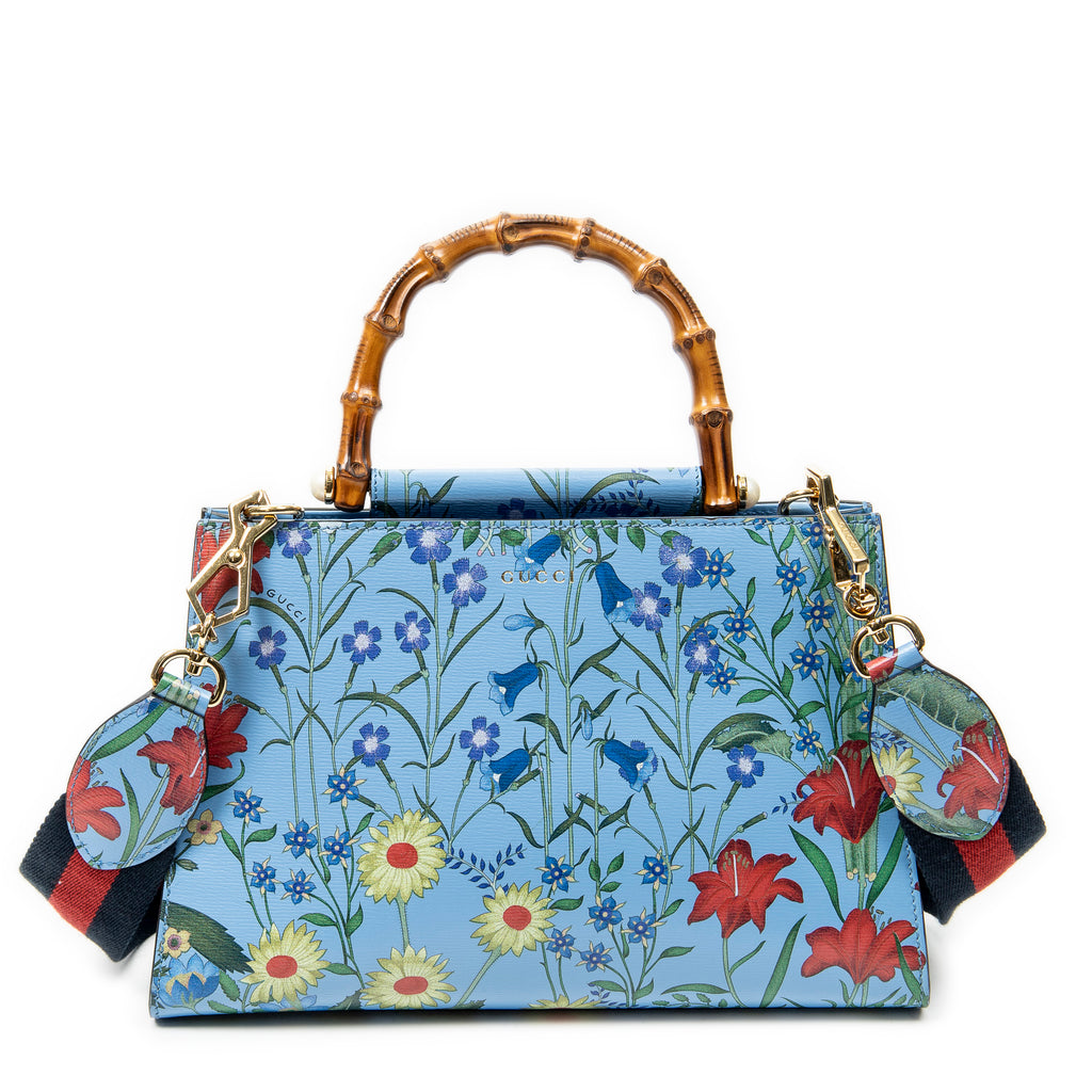Shoulder Bag Medium Nymphaea Top Handle Blue Floral Printed Leather