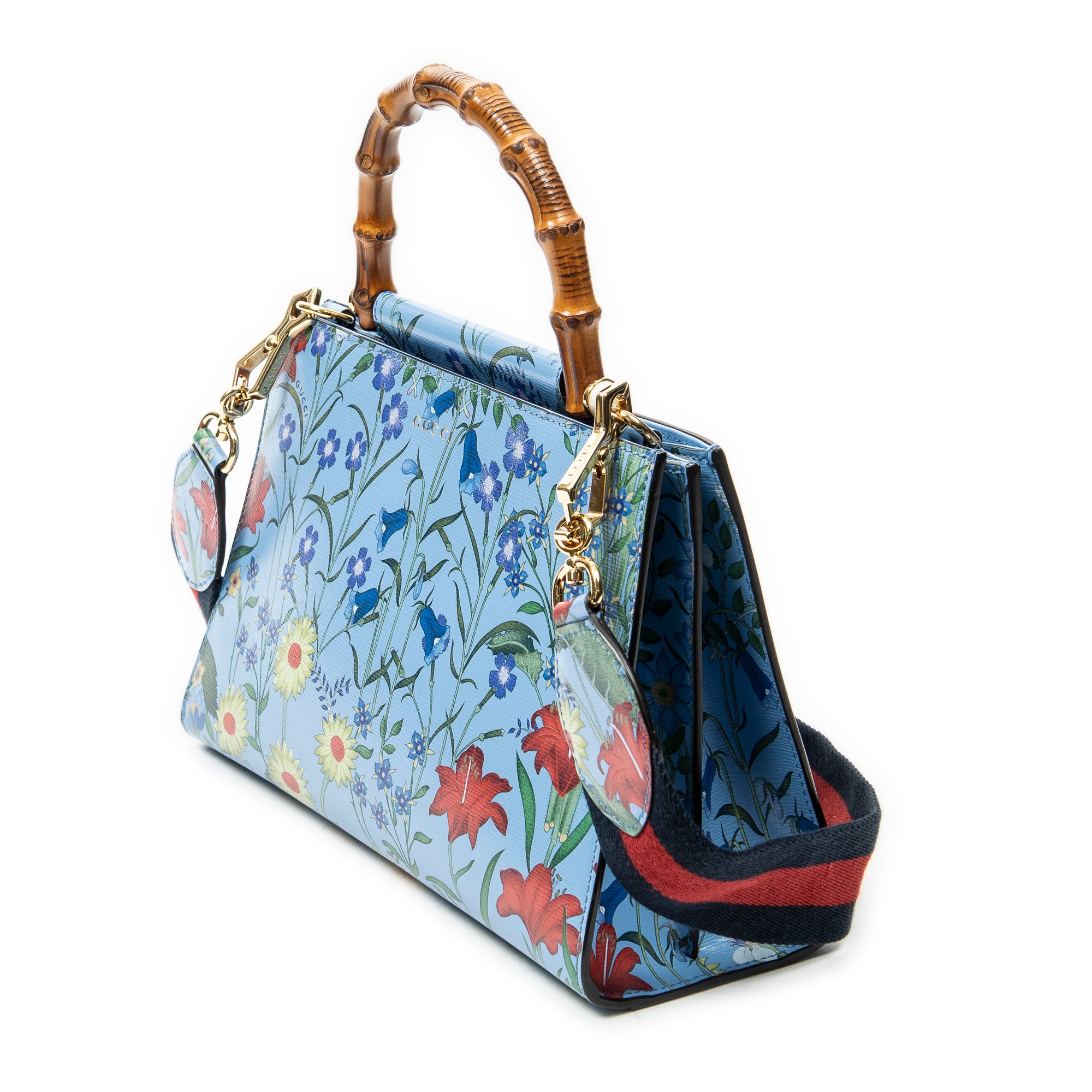 Shoulder Bag Medium Nymphaea Top Handle Blue Floral Printed Leather