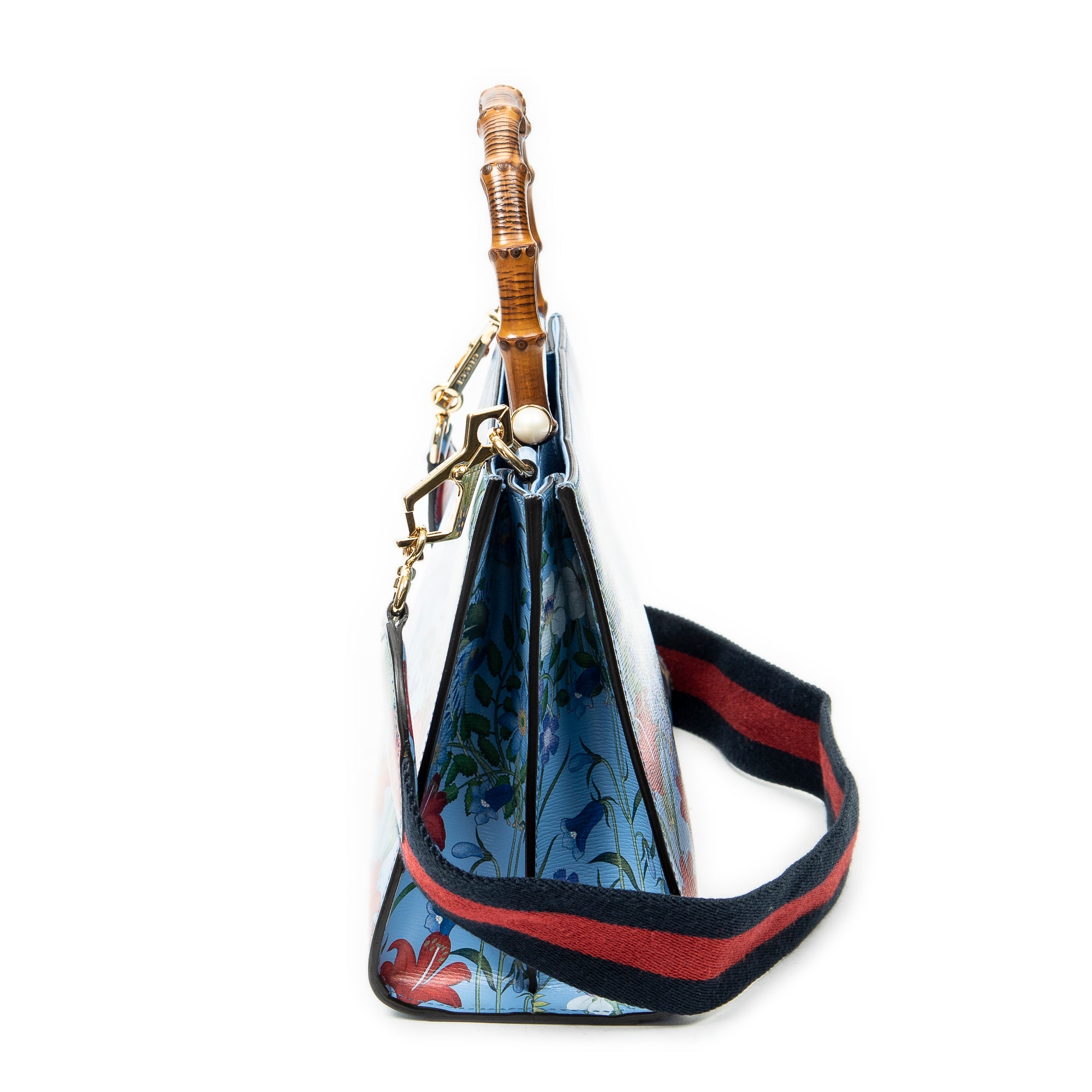 Shoulder Bag Medium Nymphaea Top Handle Blue Floral Printed Leather