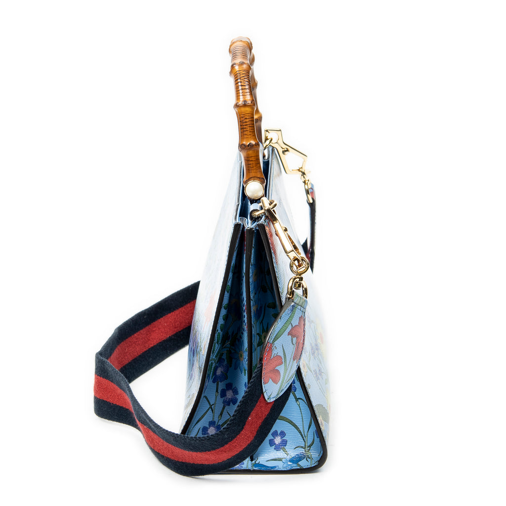 Shoulder Bag Medium Nymphaea Top Handle Blue Floral Printed Leather