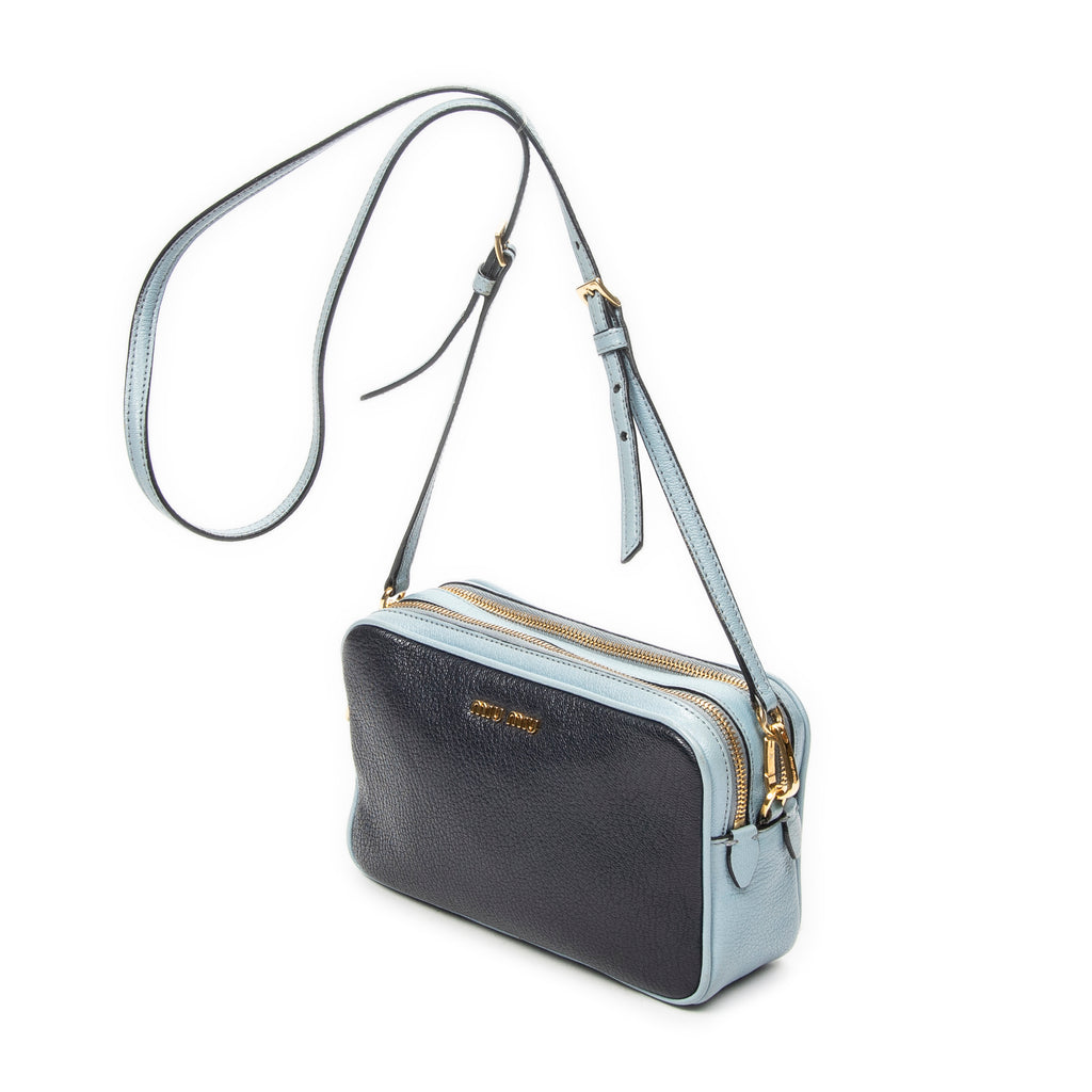 Shoulder Bag Double Zip Camera Crossbody Light Blue Madras Leather