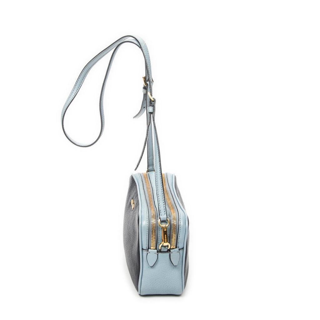 Shoulder Bag Double Zip Camera Crossbody Light Blue Madras Leather