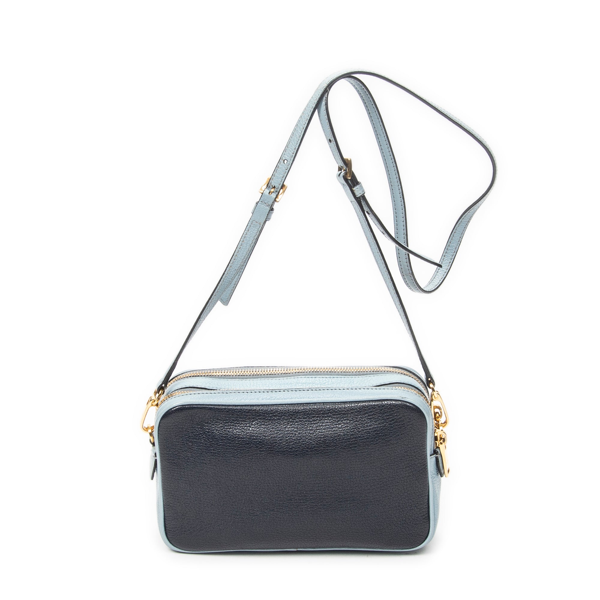 Shoulder Bag Double Zip Camera Crossbody Light Blue Madras Leather