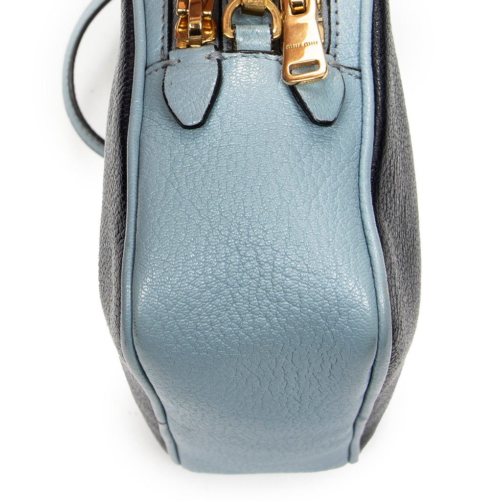 Shoulder Bag Double Zip Camera Crossbody Light Blue Madras Leather