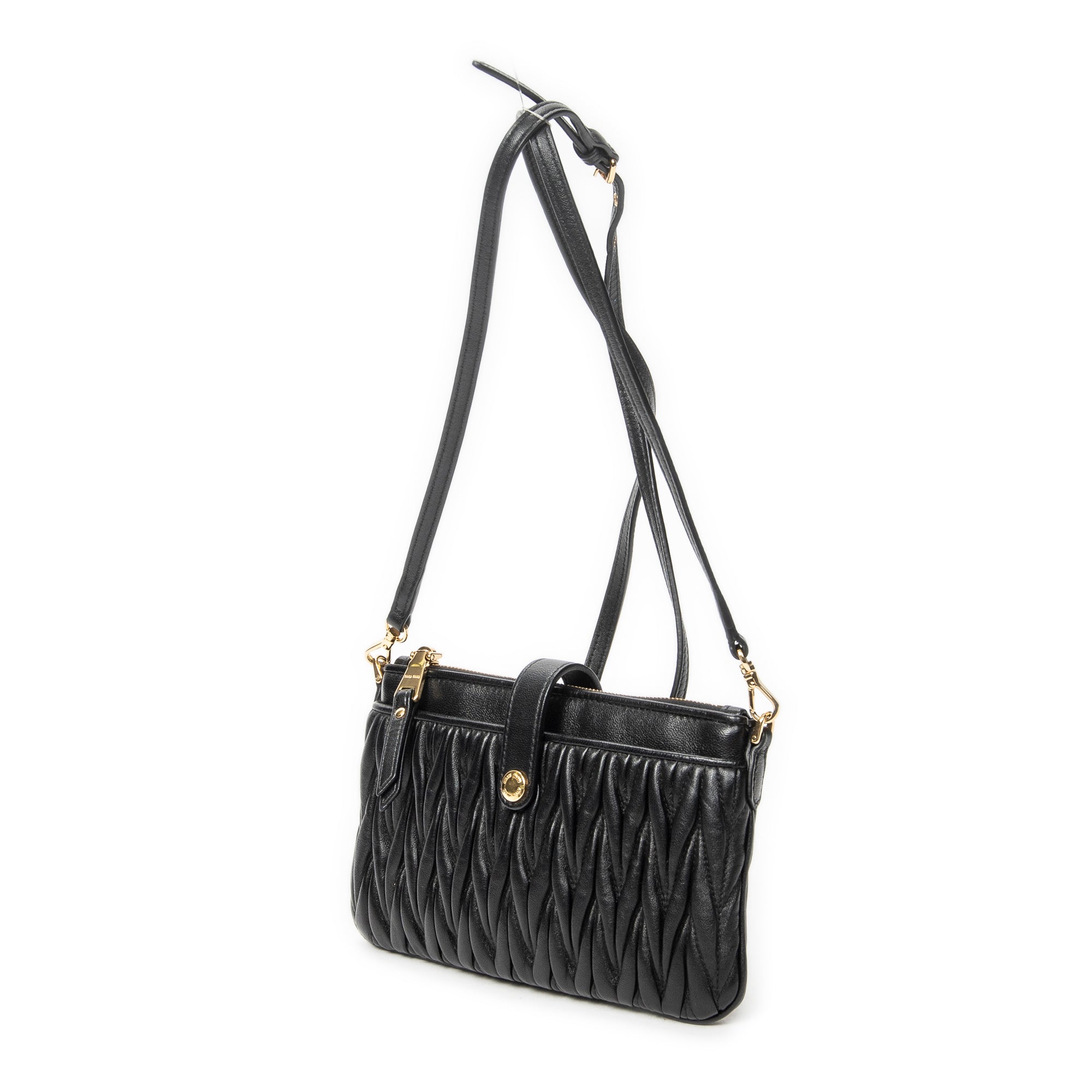 Shoulder Bag Zip Pochette Crossbody Black Nappa Matelasse Leather