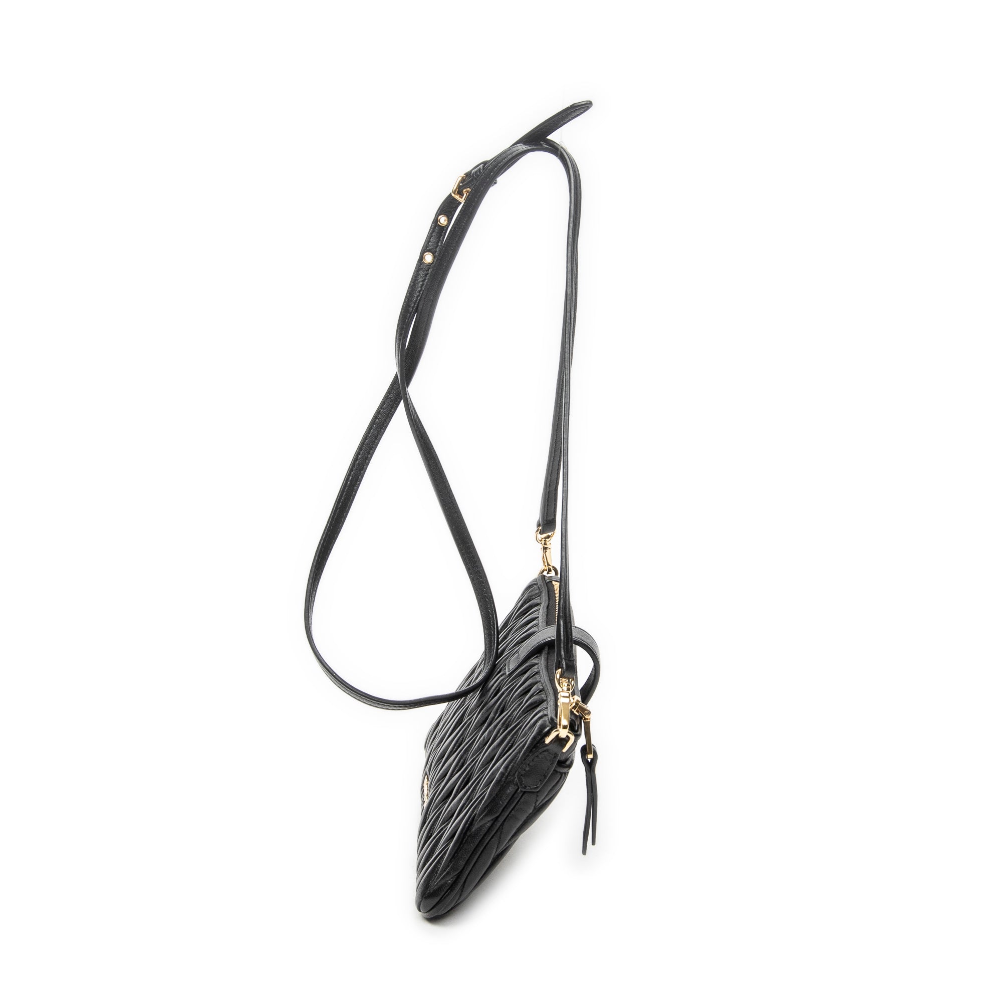 Shoulder Bag Zip Pochette Crossbody Black Nappa Matelasse Leather