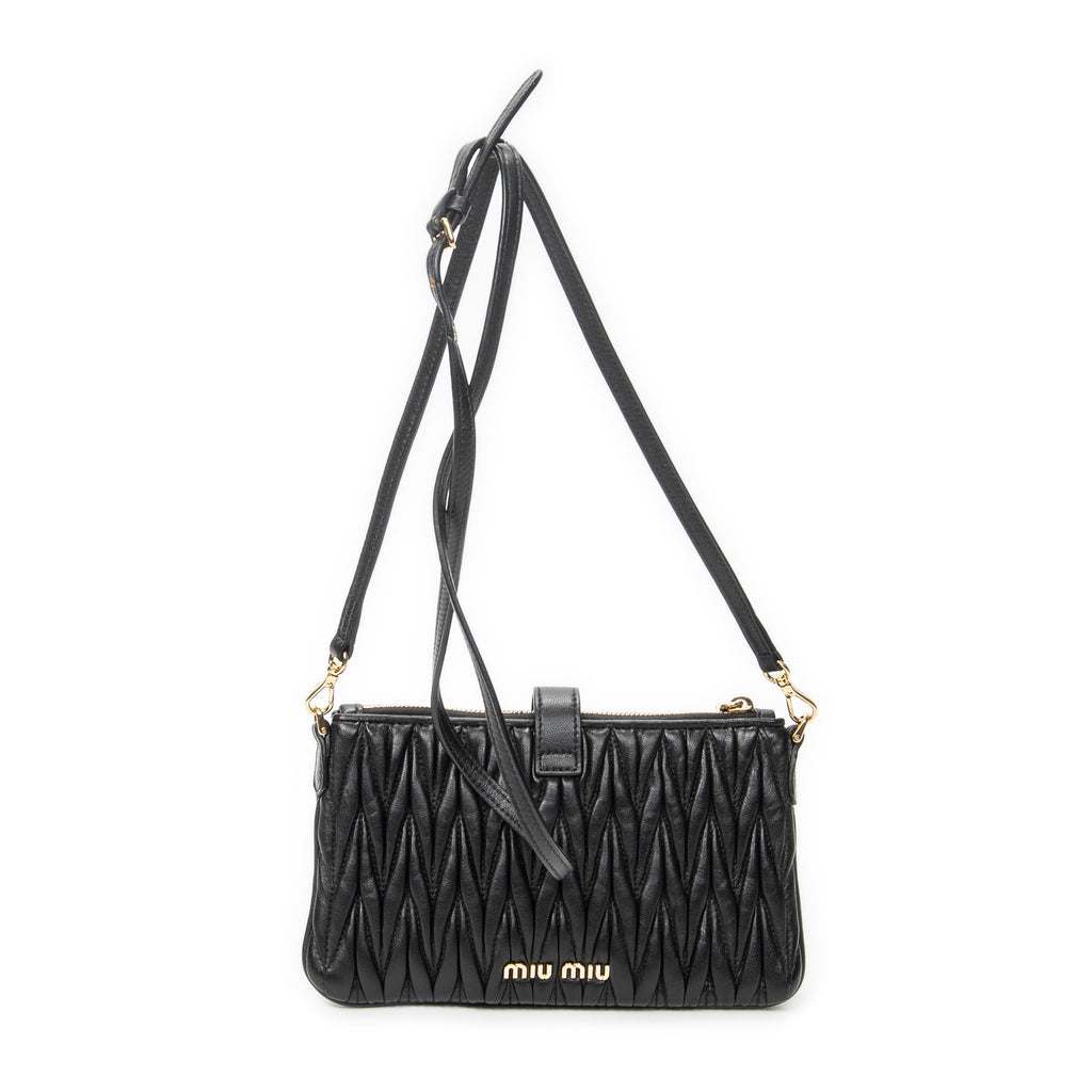 Shoulder Bag Zip Pochette Crossbody Black Nappa Matelasse Leather