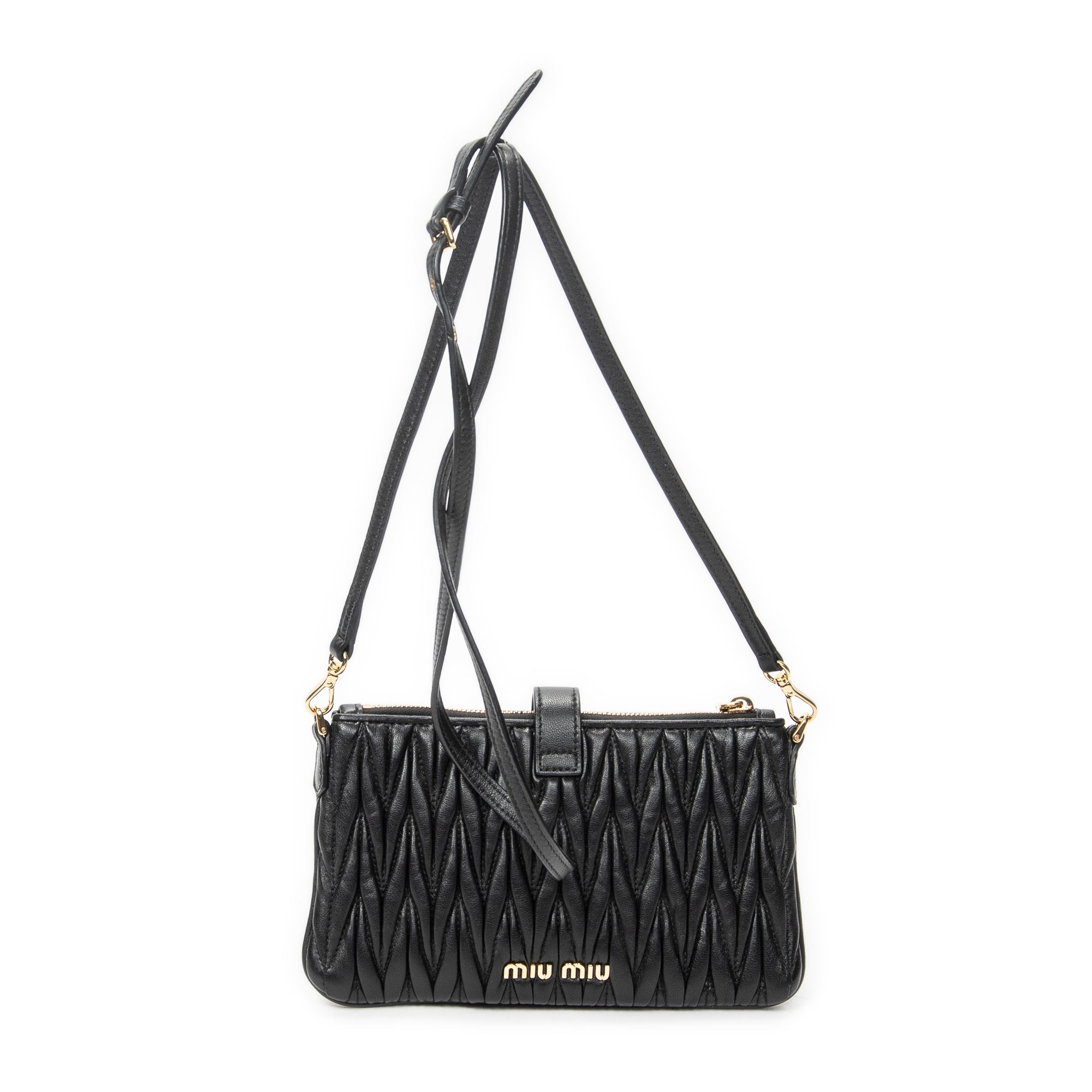 Shoulder Bag Zip Pochette Crossbody Black Nappa Matelasse Leather