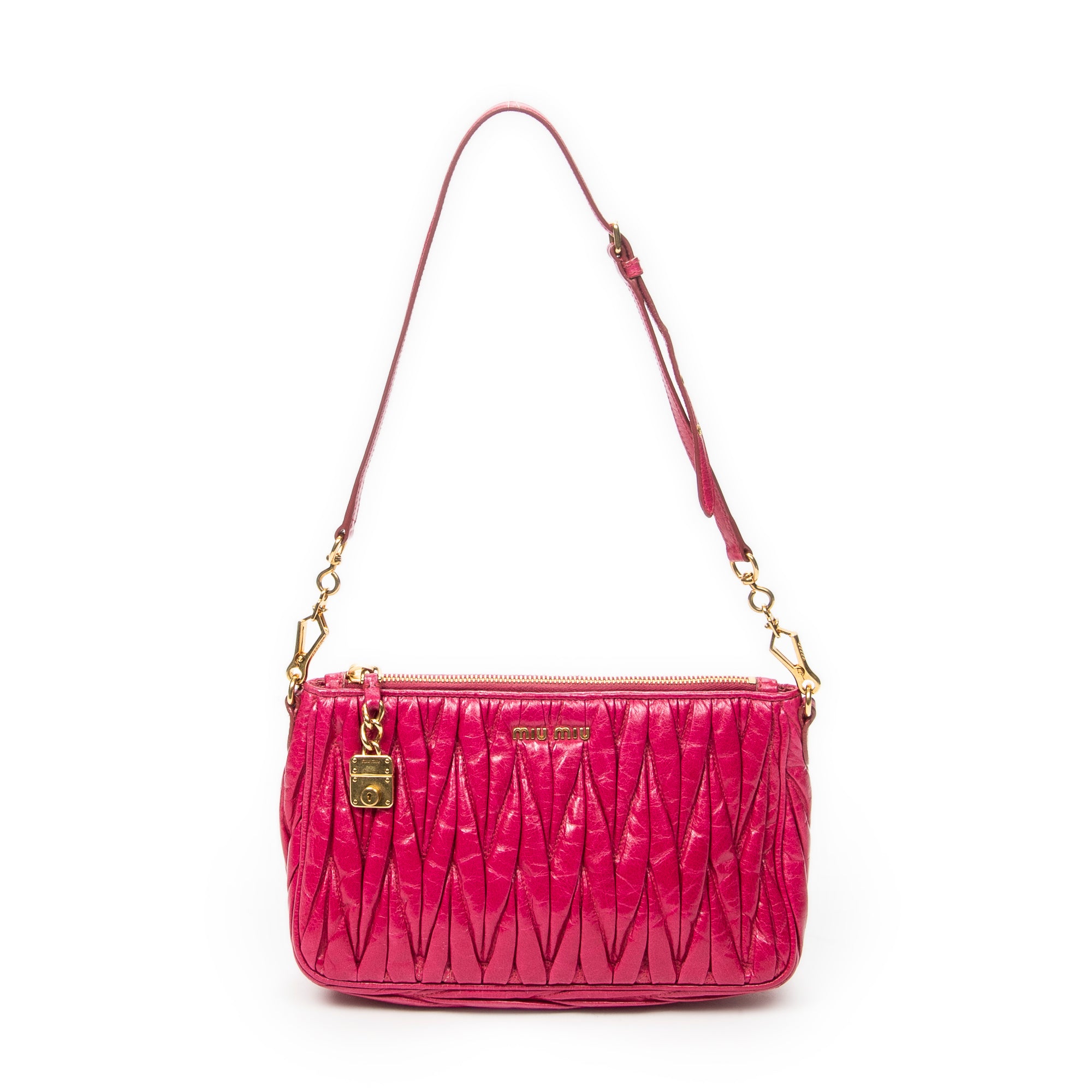 Shoulder Bag Charm Zip Pochette Fuchsia Pink Matelasse Lux Leather
