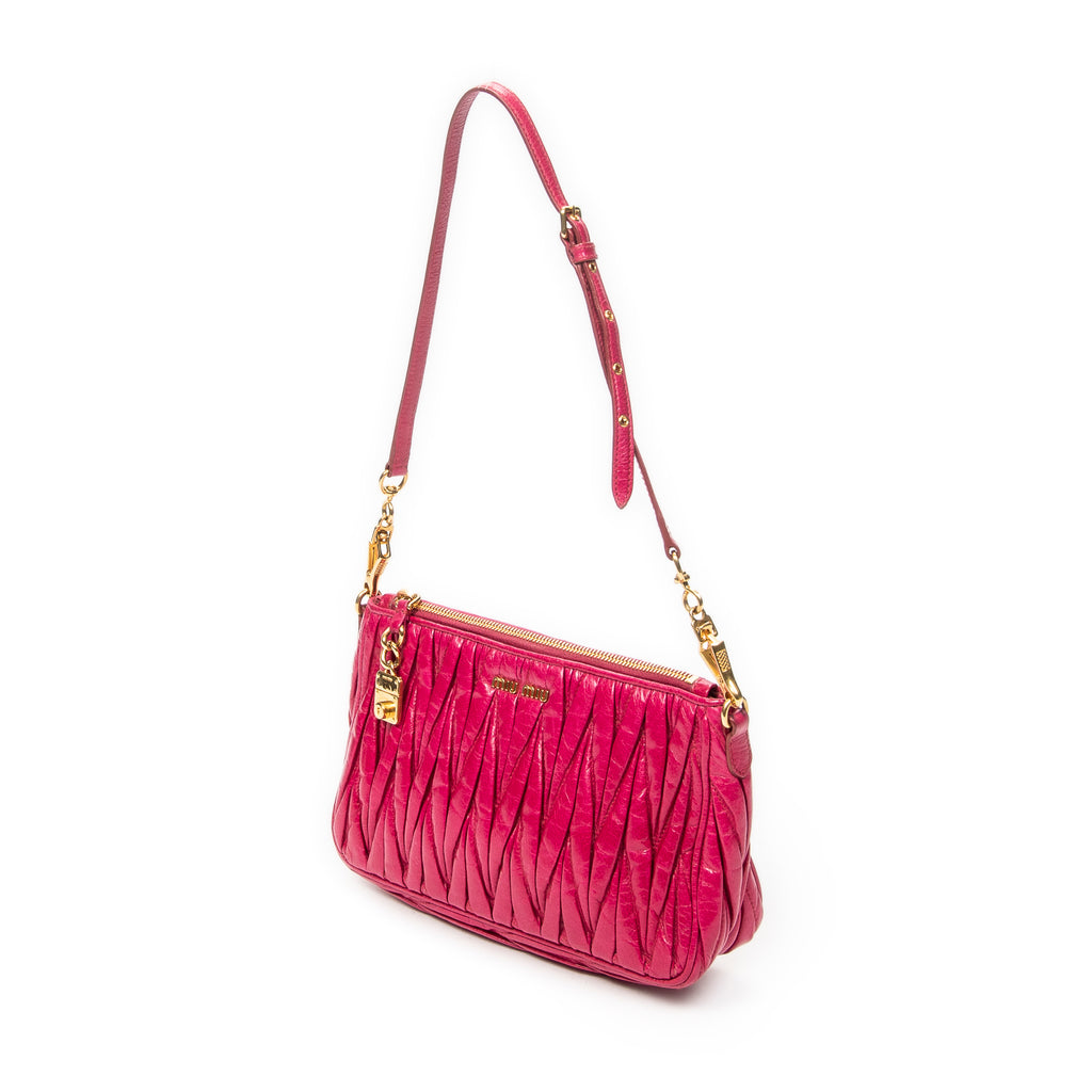 Shoulder Bag Charm Zip Pochette Fuchsia Pink Matelasse Lux Leather