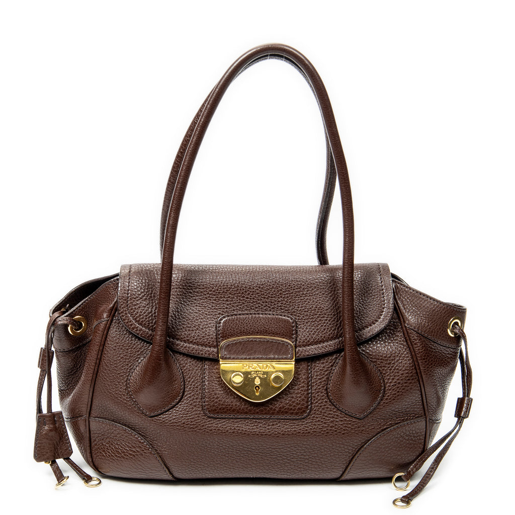 Shoulder Bag Side Drawstring Push Lock Flap Dark Brown Vitello Daino Leather