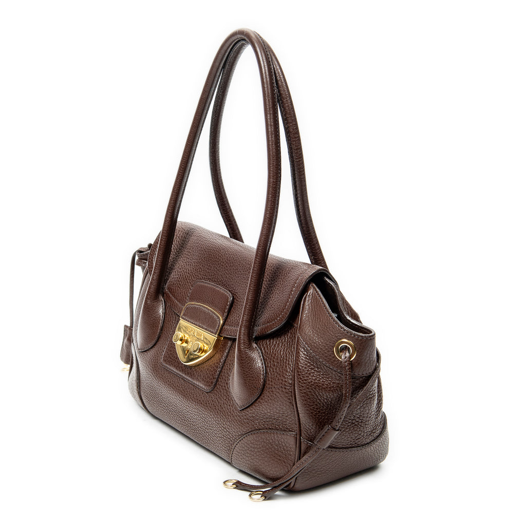 Shoulder Bag Side Drawstring Push Lock Flap Dark Brown Vitello Daino Leather
