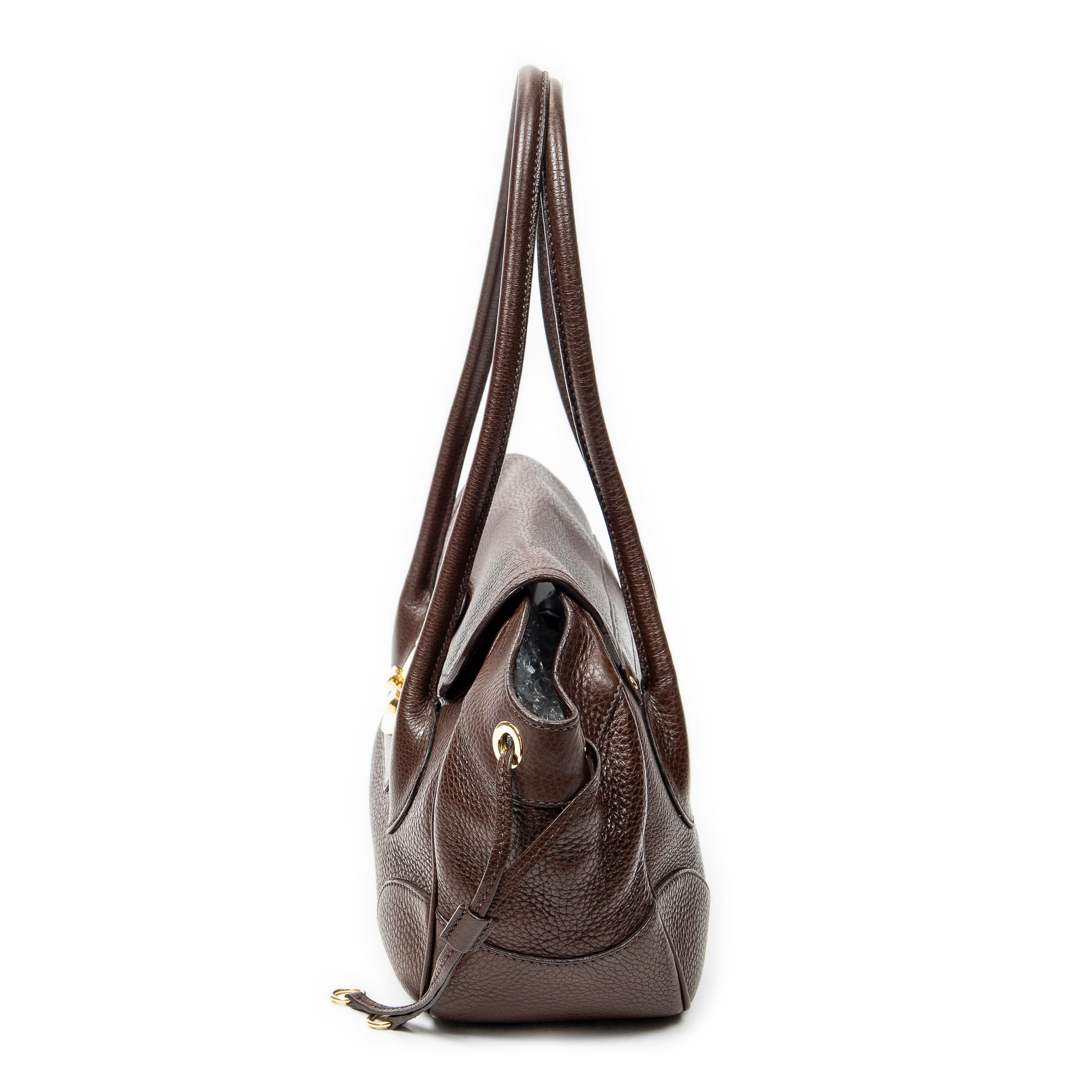 Shoulder Bag Side Drawstring Push Lock Flap Dark Brown Vitello Daino Leather