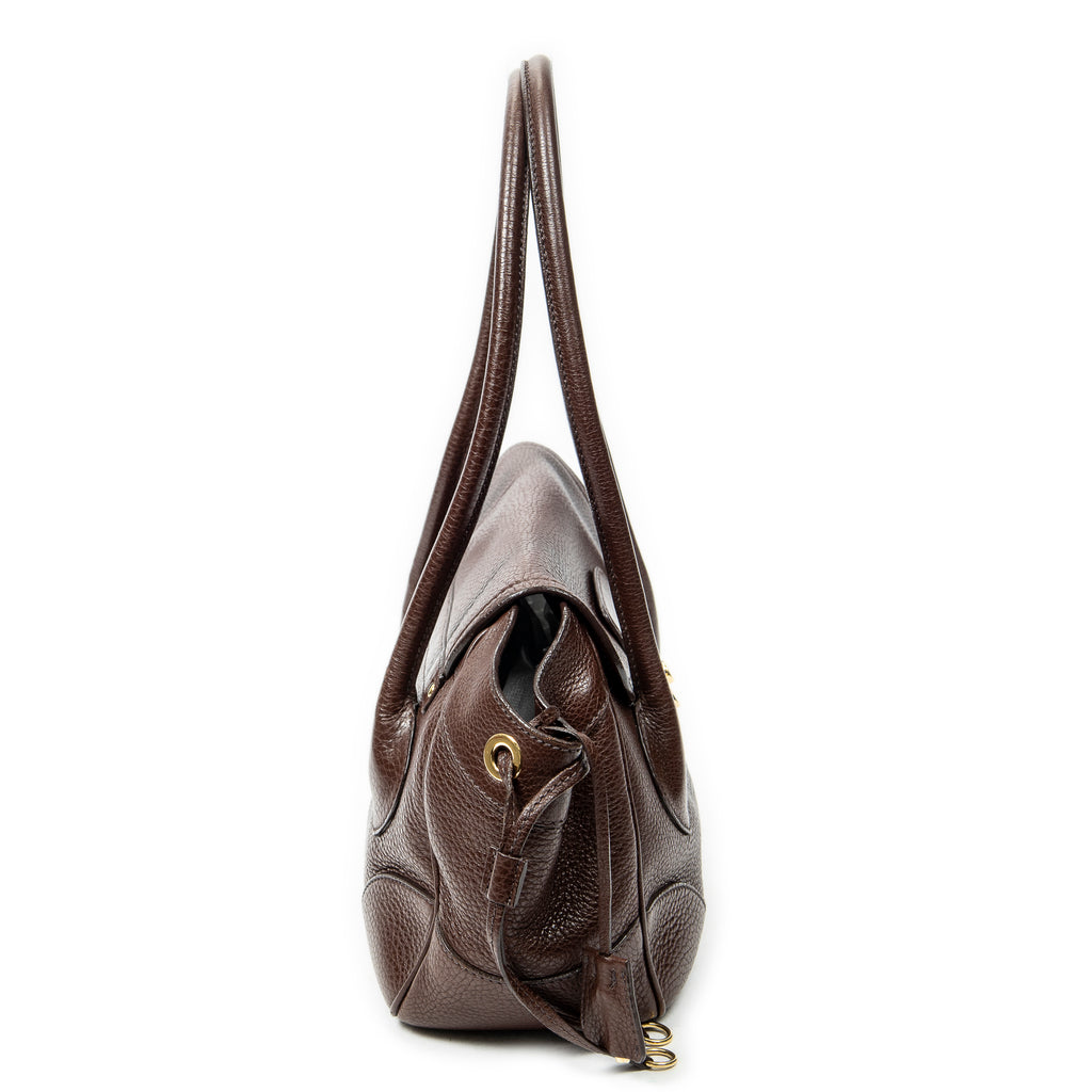 Shoulder Bag Side Drawstring Push Lock Flap Dark Brown Vitello Daino Leather