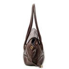 Shoulder Bag Side Drawstring Push Lock Flap Dark Brown Vitello Daino Leather