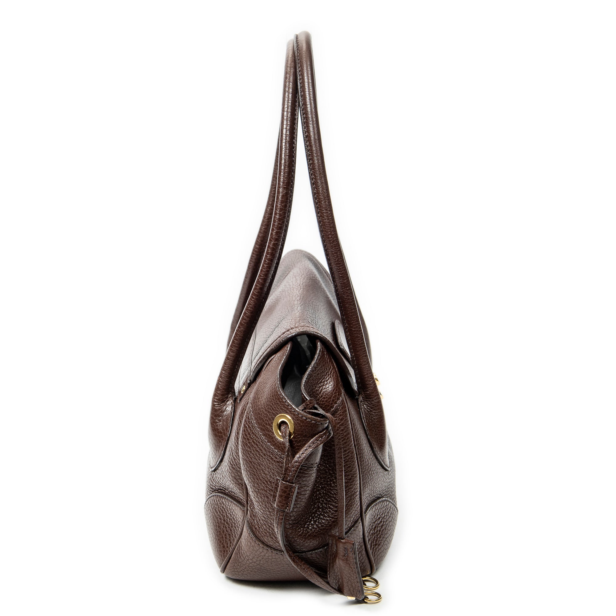 Shoulder Bag Side Drawstring Push Lock Flap Dark Brown Vitello Daino Leather