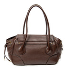 Shoulder Bag Side Drawstring Push Lock Flap Dark Brown Vitello Daino Leather