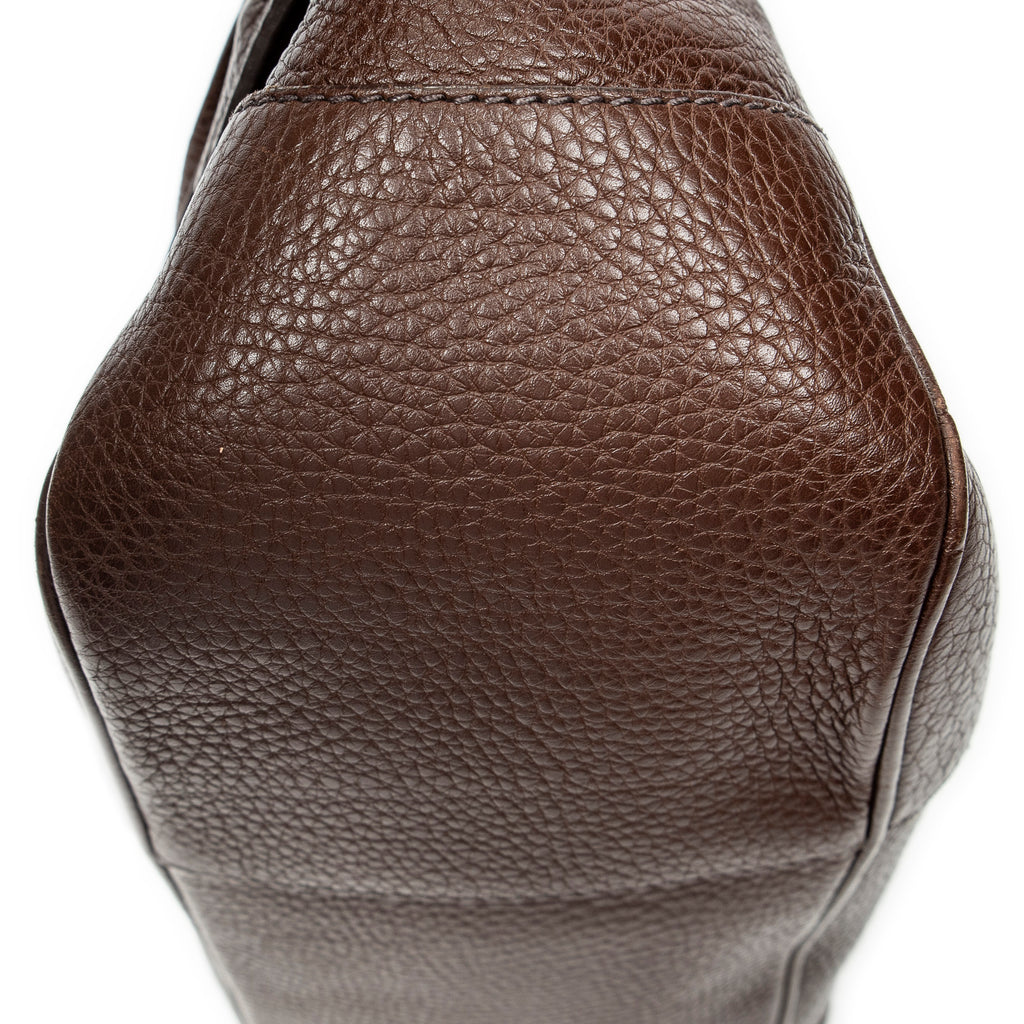 Shoulder Bag Side Drawstring Push Lock Flap Dark Brown Vitello Daino Leather