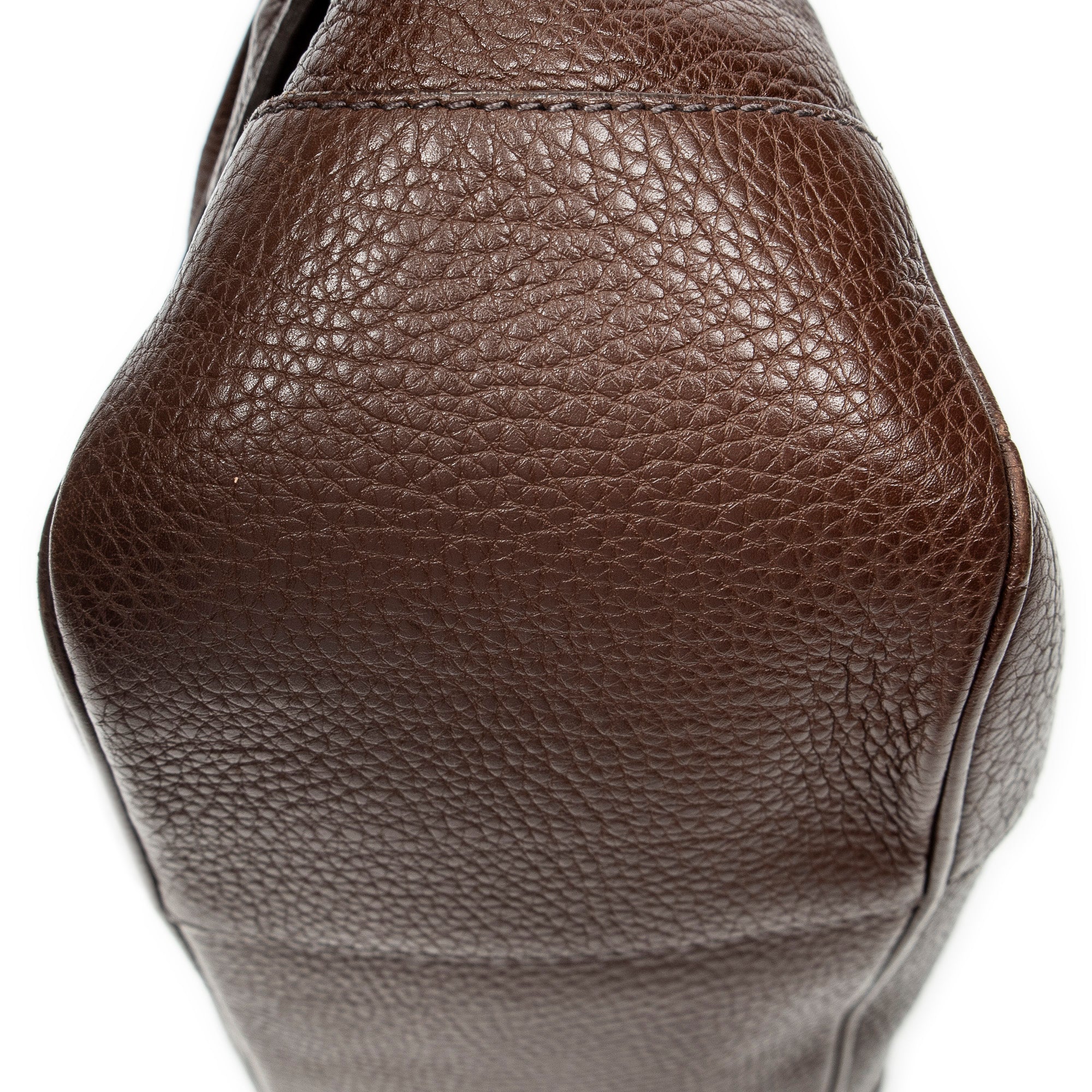 Shoulder Bag Side Drawstring Push Lock Flap Dark Brown Vitello Daino Leather