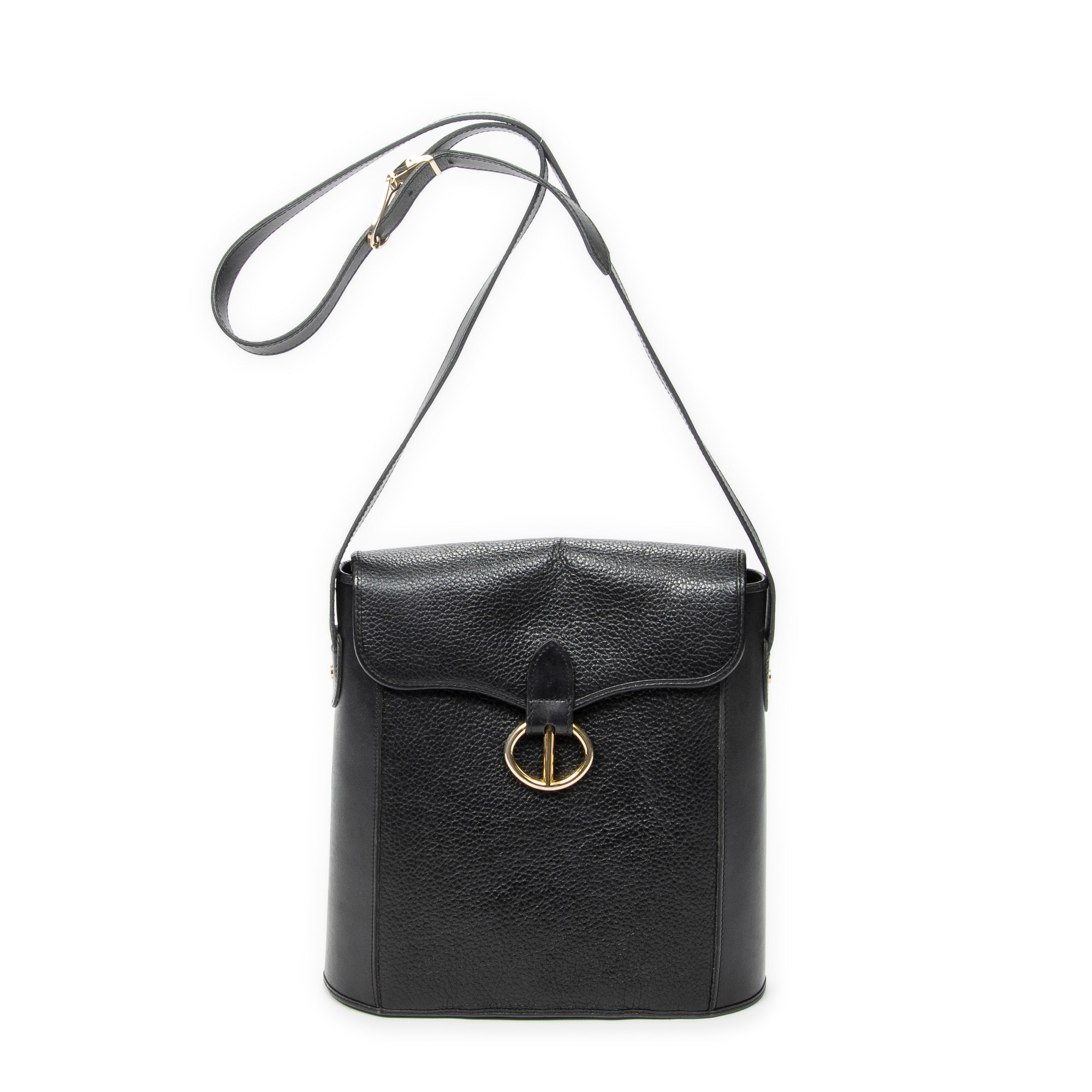 Shoulder Bag Vintage Flap Bucket Tote Black Grained Calfskin Leather