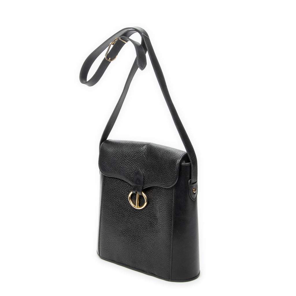 Shoulder Bag Vintage Flap Bucket Tote Black Grained Calfskin Leather