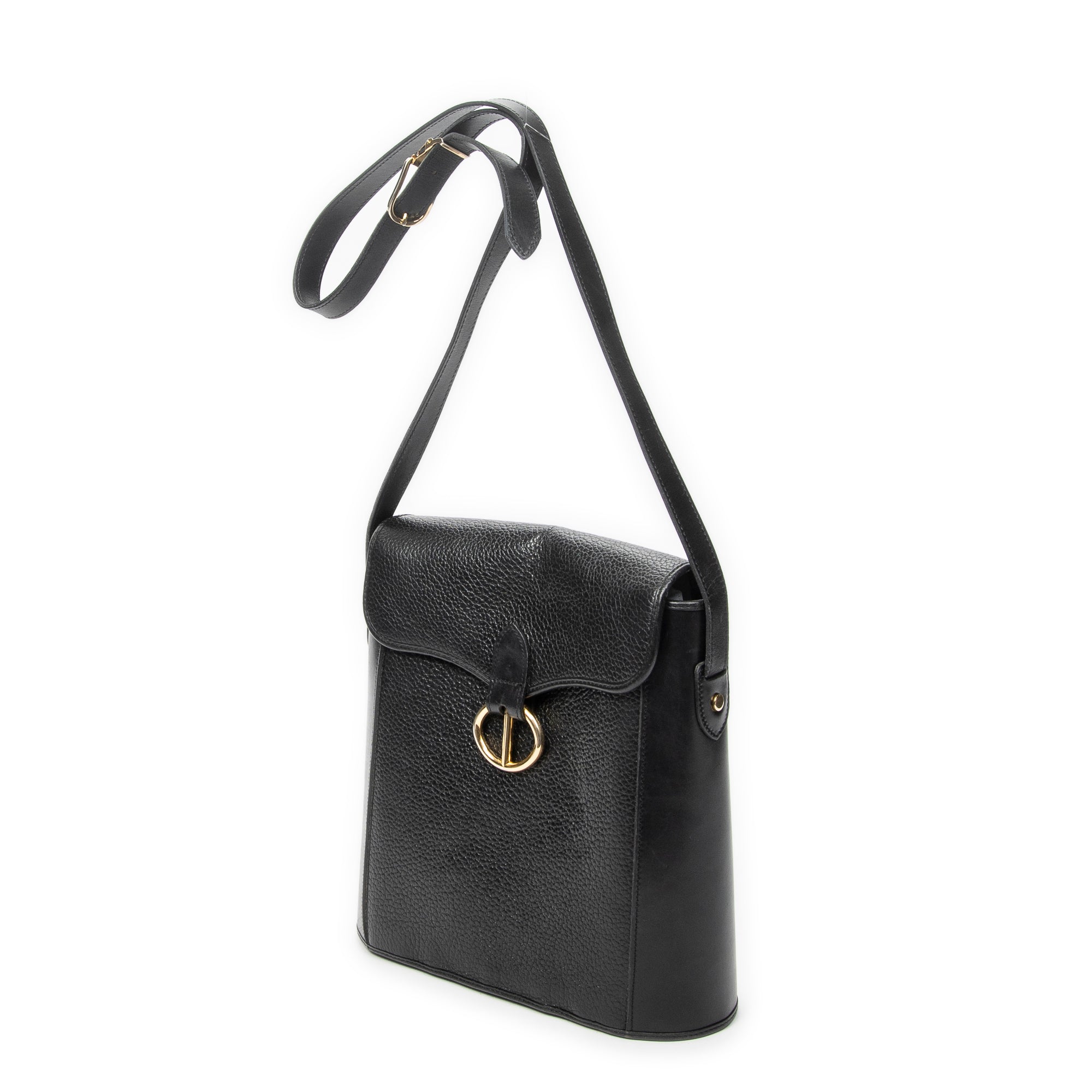 Shoulder Bag Vintage Flap Bucket Tote Black Grained Calfskin Leather