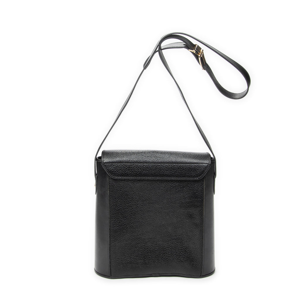 Shoulder Bag Vintage Flap Bucket Tote Black Grained Calfskin Leather