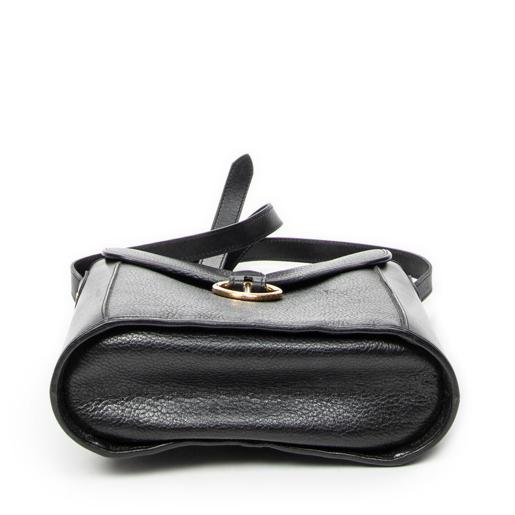 Shoulder Bag Vintage Flap Bucket Tote Black Grained Calfskin Leather