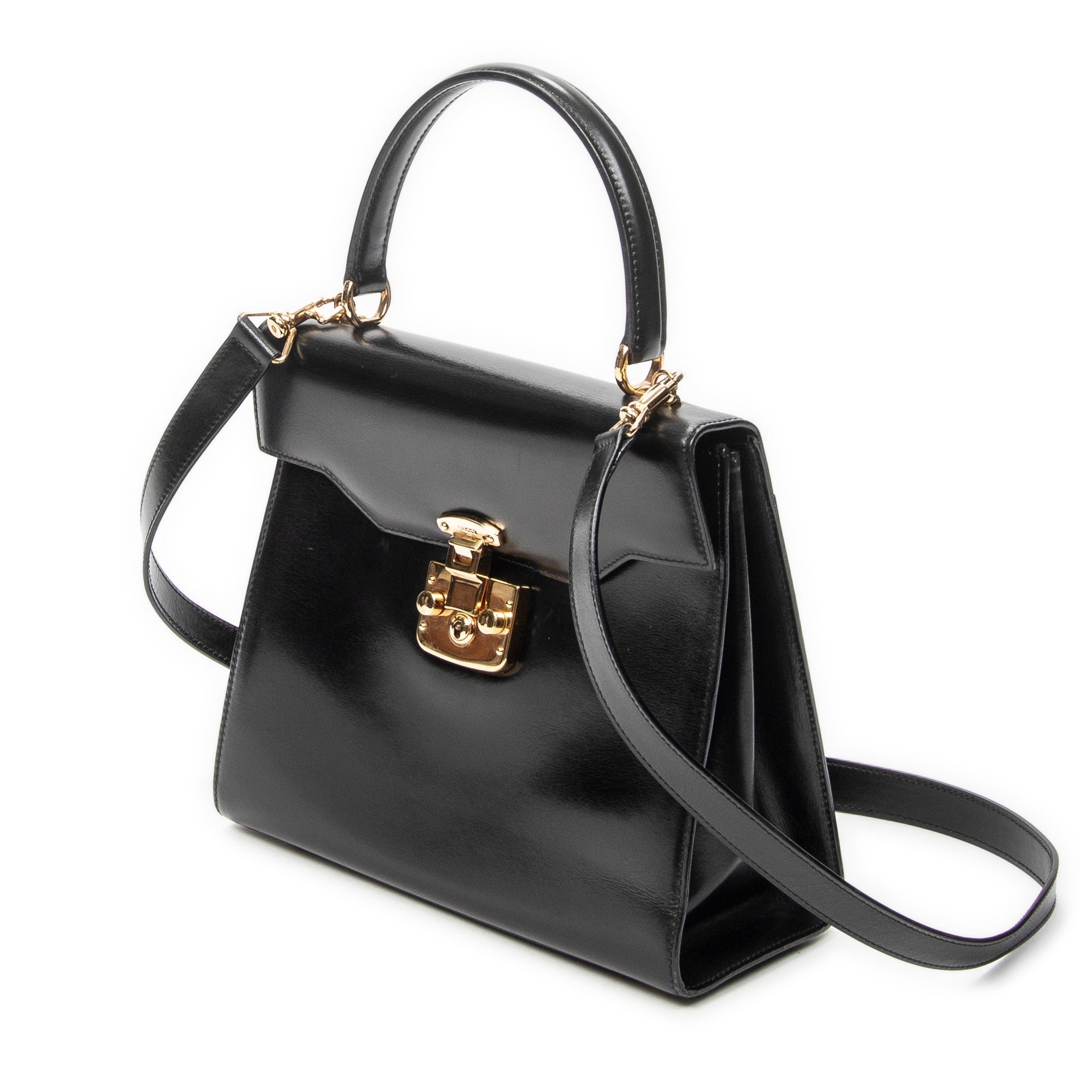 Shoulder Bag Vintage Flap Top Handle Black Smooth Calfskin Leather