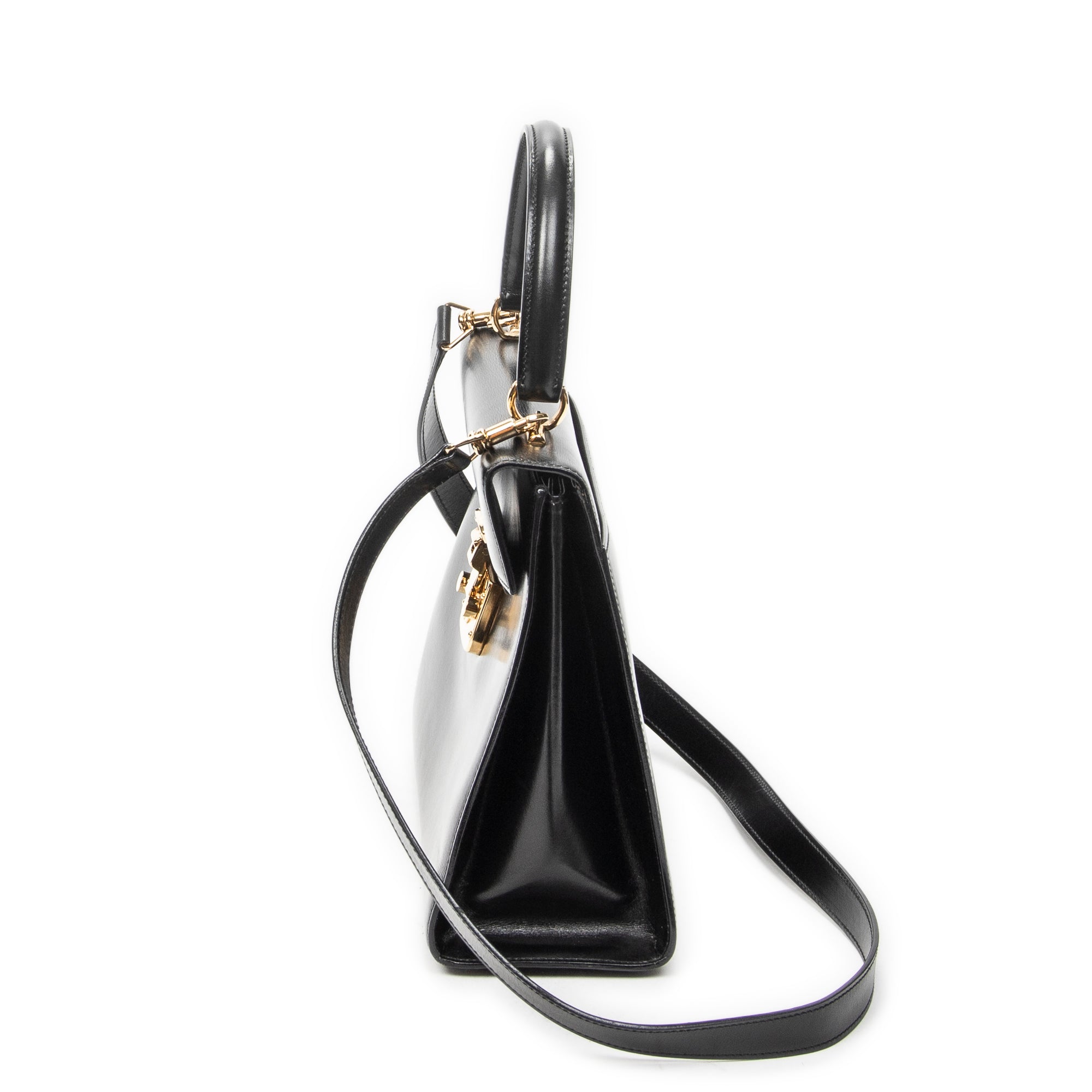 Shoulder Bag Vintage Flap Top Handle Black Smooth Calfskin Leather
