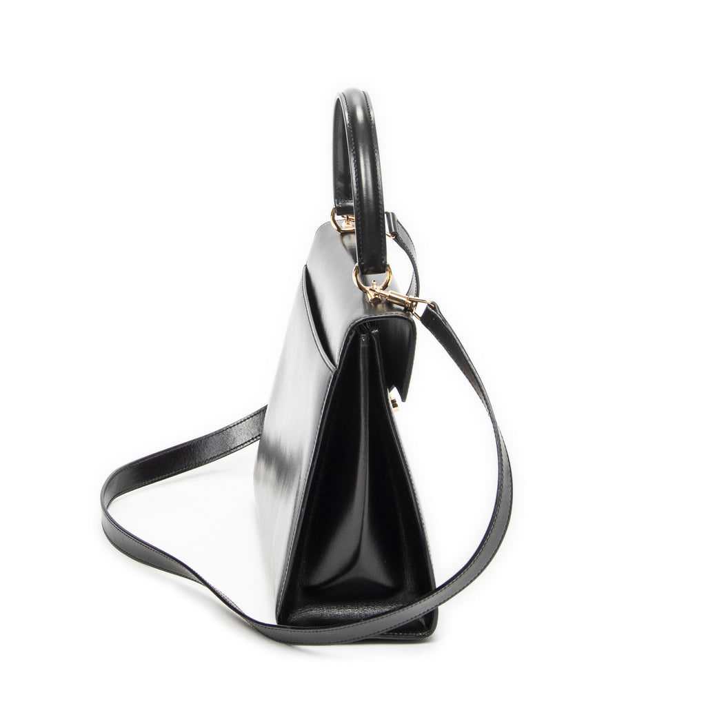 Shoulder Bag Vintage Flap Top Handle Black Smooth Calfskin Leather