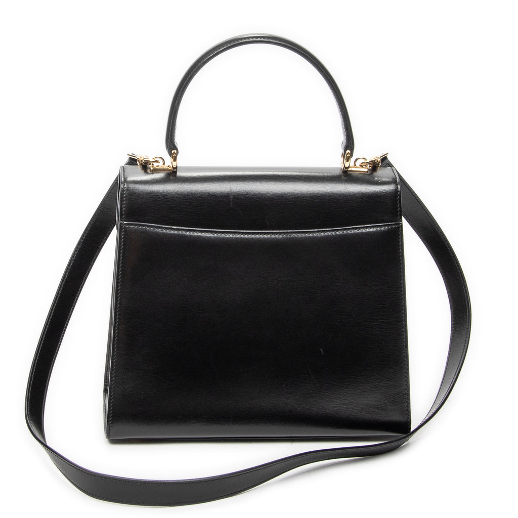 Shoulder Bag Vintage Flap Top Handle Black Smooth Calfskin Leather