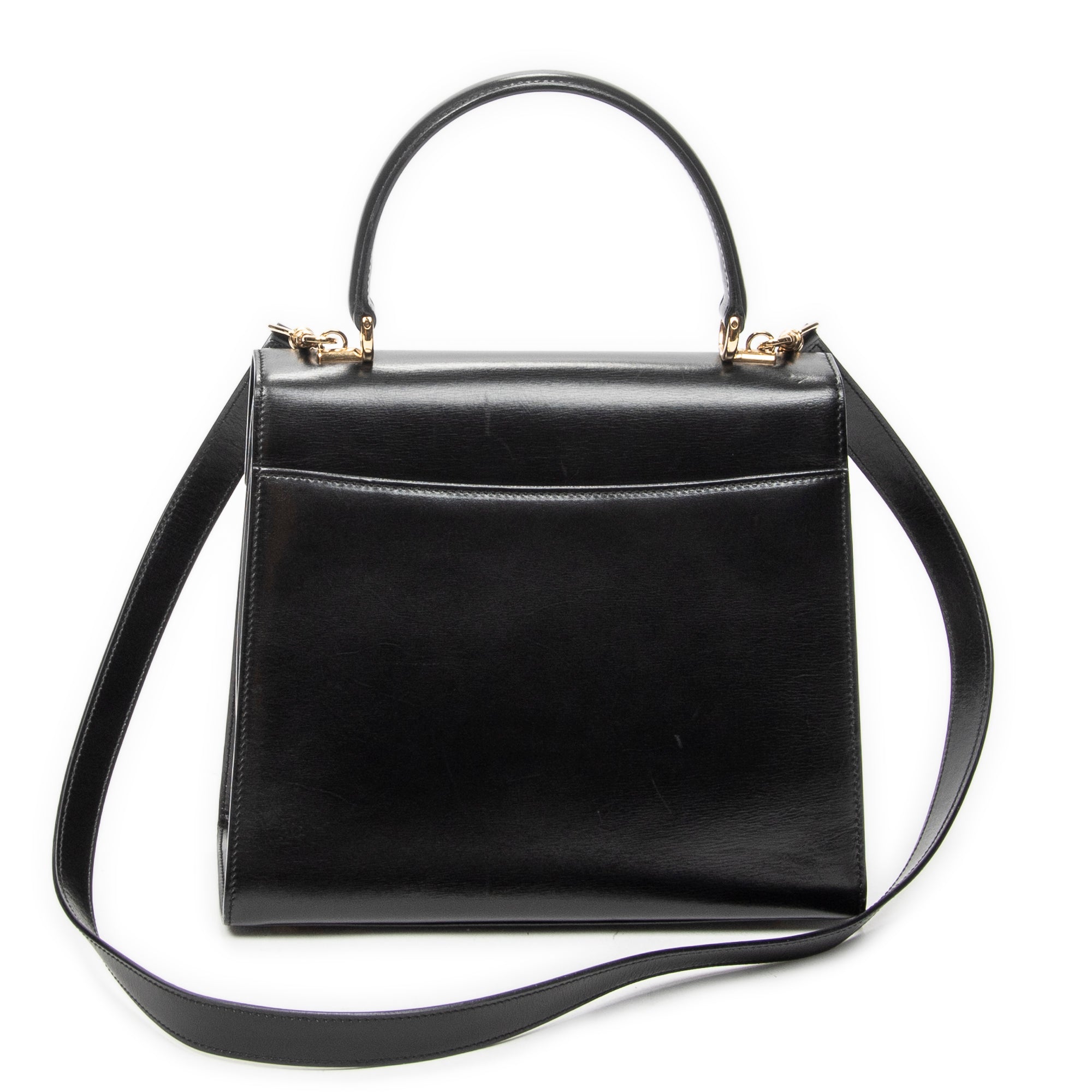 Shoulder Bag Vintage Flap Top Handle Black Smooth Calfskin Leather