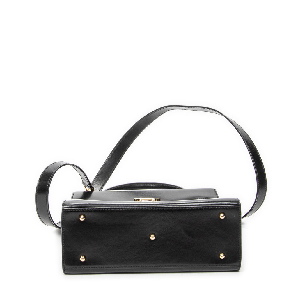 Shoulder Bag Vintage Flap Top Handle Black Smooth Calfskin Leather
