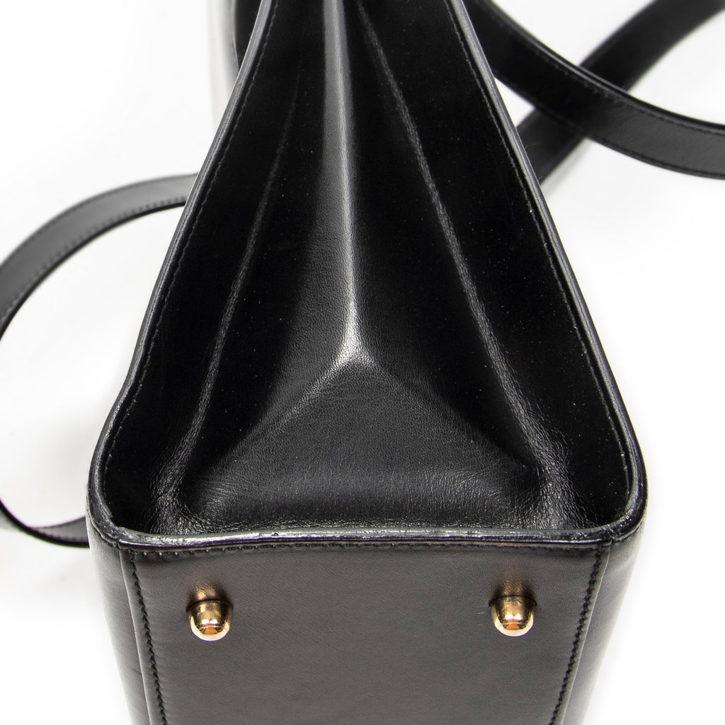 Shoulder Bag Vintage Flap Top Handle Black Smooth Calfskin Leather