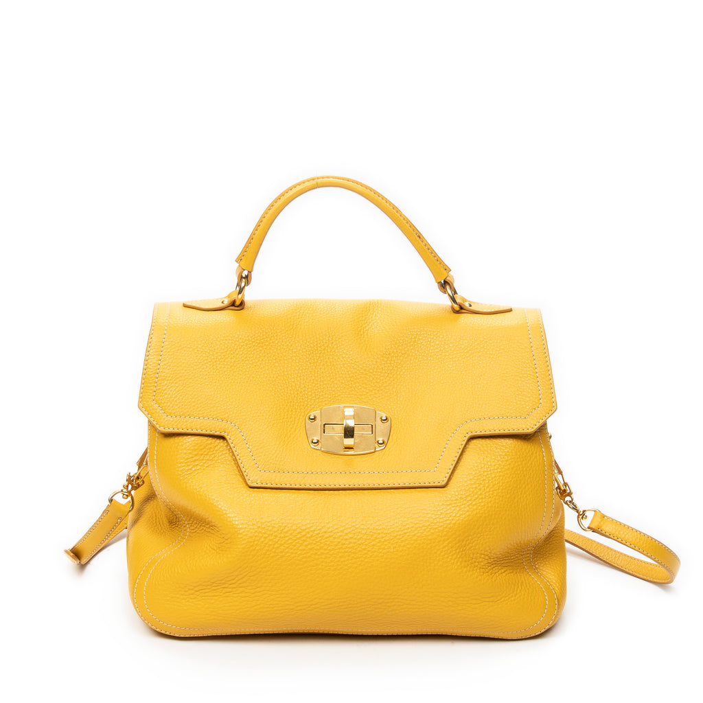 Shoulder Bag Turn Lock Flap Top Handle Yellow Vitello Caribu Leather