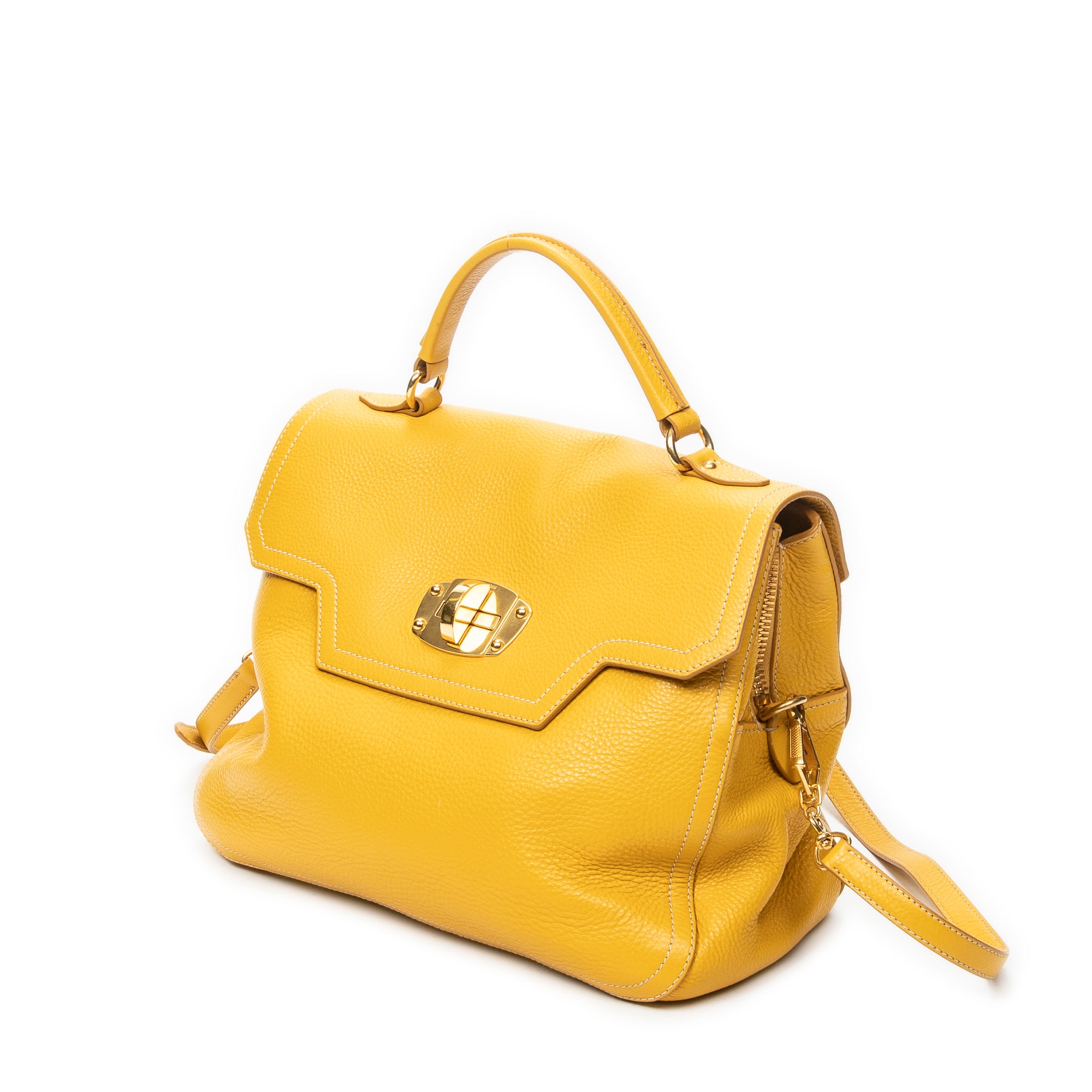 Shoulder Bag Turn Lock Flap Top Handle Yellow Vitello Caribu Leather