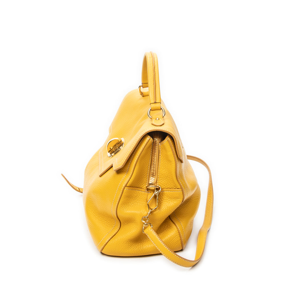 Shoulder Bag Turn Lock Flap Top Handle Yellow Vitello Caribu Leather