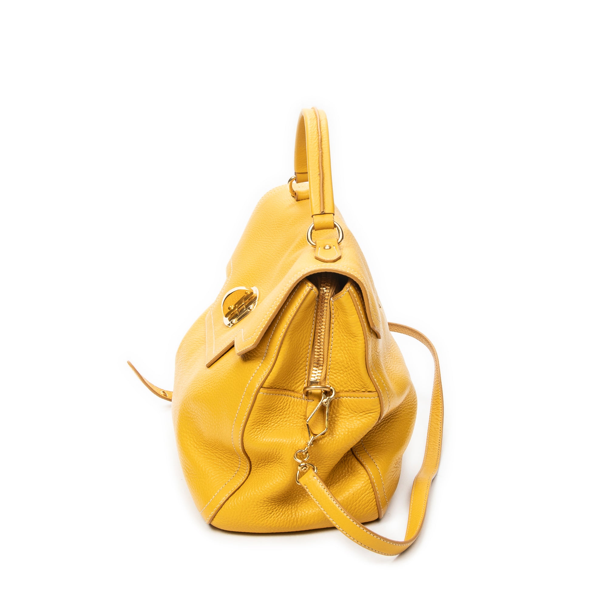 Shoulder Bag Turn Lock Flap Top Handle Yellow Vitello Caribu Leather