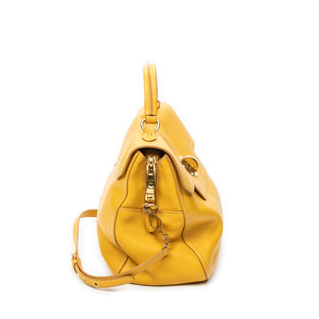 Shoulder Bag Turn Lock Flap Top Handle Yellow Vitello Caribu Leather