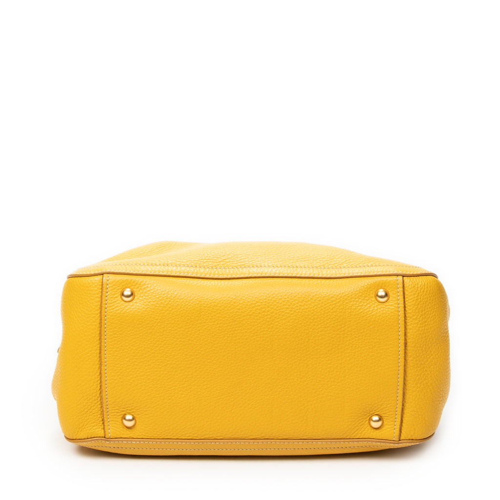 Shoulder Bag Turn Lock Flap Top Handle Yellow Vitello Caribu Leather