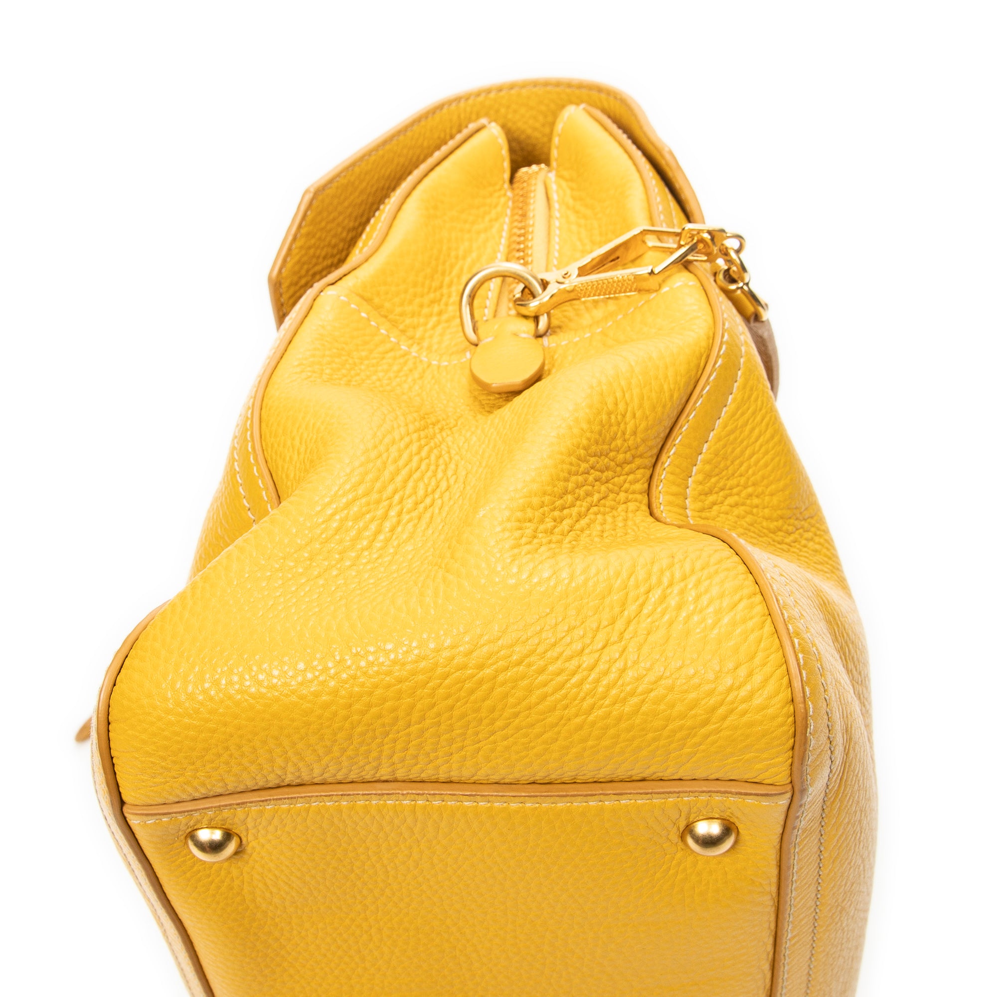 Shoulder Bag Turn Lock Flap Top Handle Yellow Vitello Caribu Leather